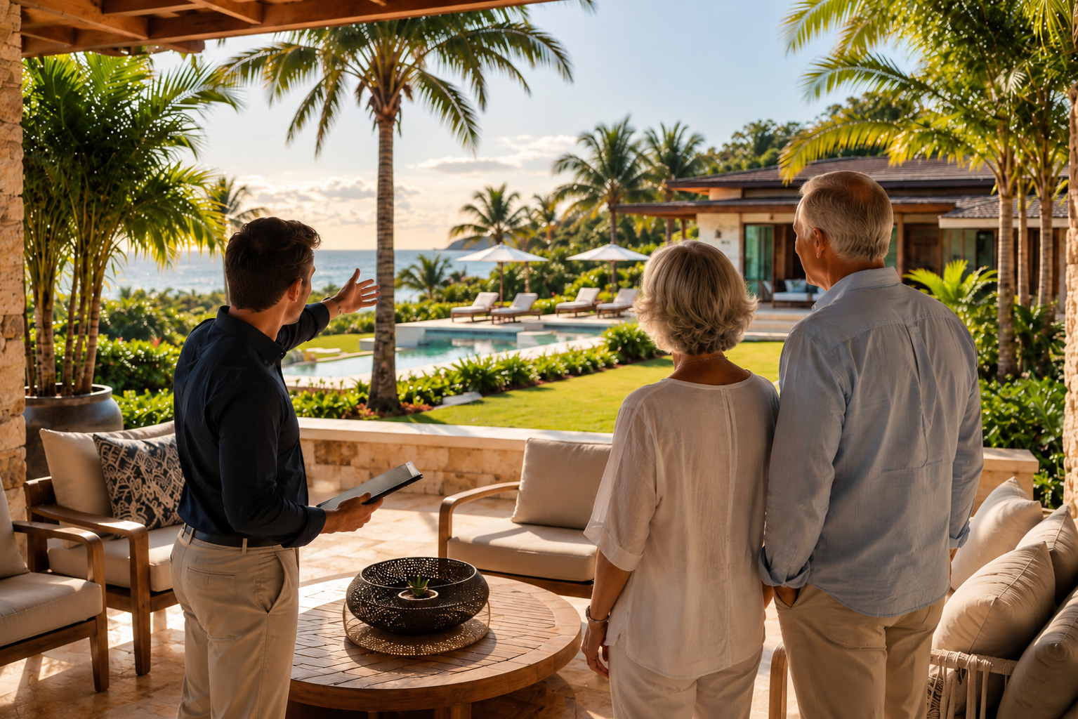 Persönliche Besichtigung eines hochwertigen Ferienhauses am Strand mit Immobilienberater, Kaufinteressenten, Pool und tropischem Garten.