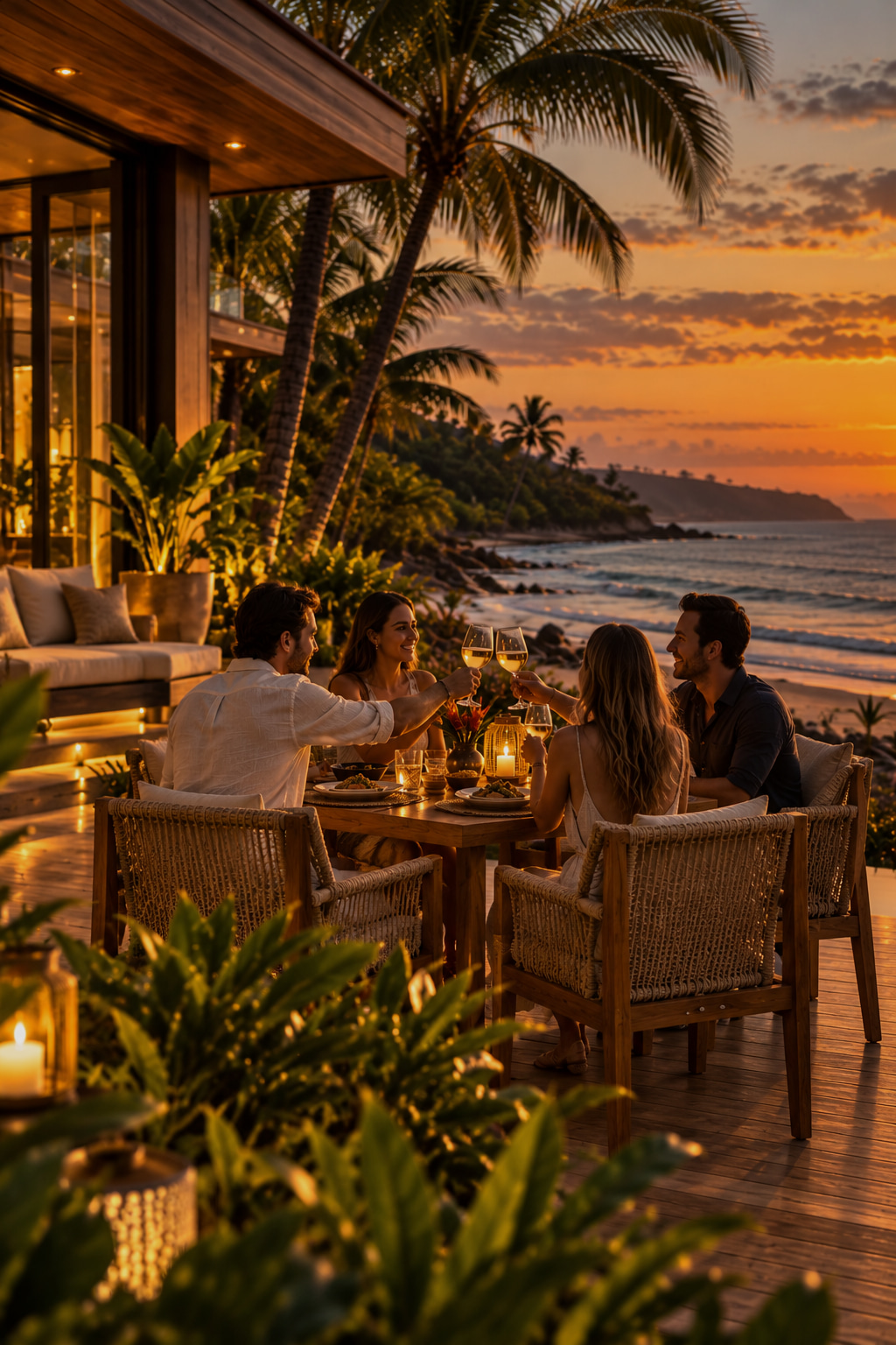 Abendessen mit Meerblick während einer persönlich begleiteten Immobilien-Besichtigungsreise durch Süd-Bahia, die Küstenimmobilien mit regionaler Kulinarik und Lebensart verbindet.