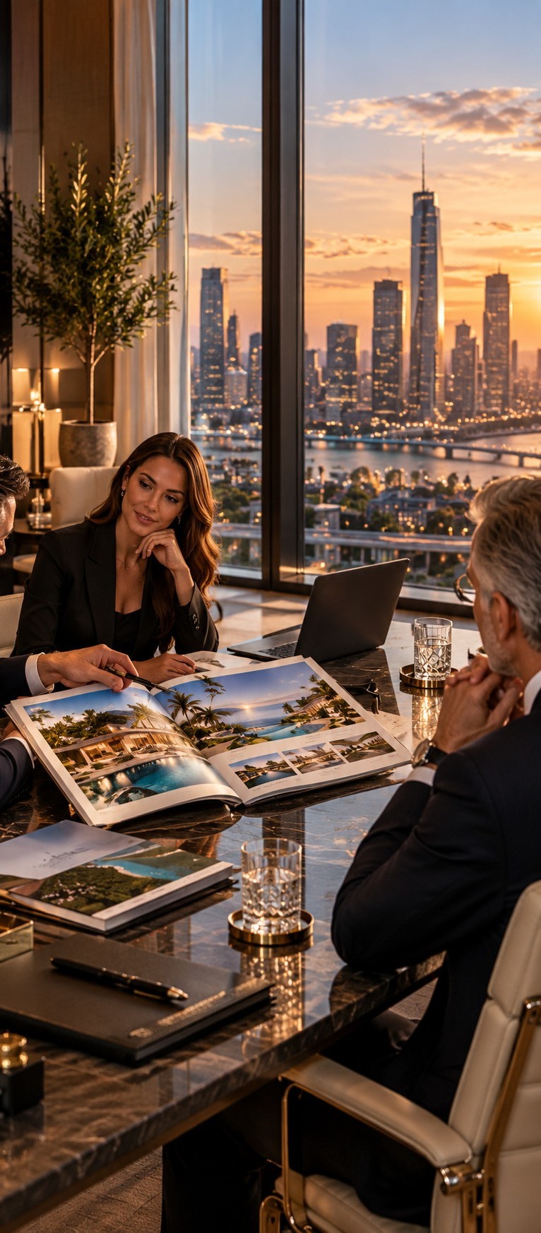 Professionelle Präsentation einer exklusiven brasilianischen Strandresidenz vor internationalen Kaufinteressenten in einer eleganten Business-Lounge.