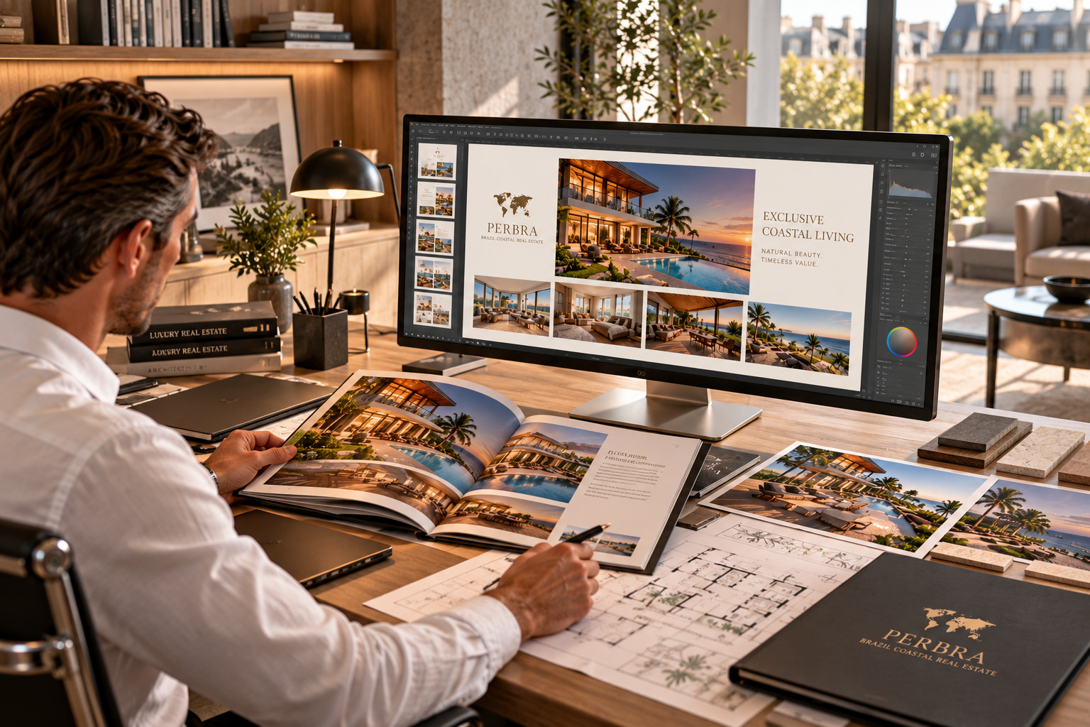 Professionelle Aufbereitung eines mehrsprachigen Immobilien-Exposés mit Fotografien und Grundrissen für die internationale Vermarktung einer Küstenimmobilie.