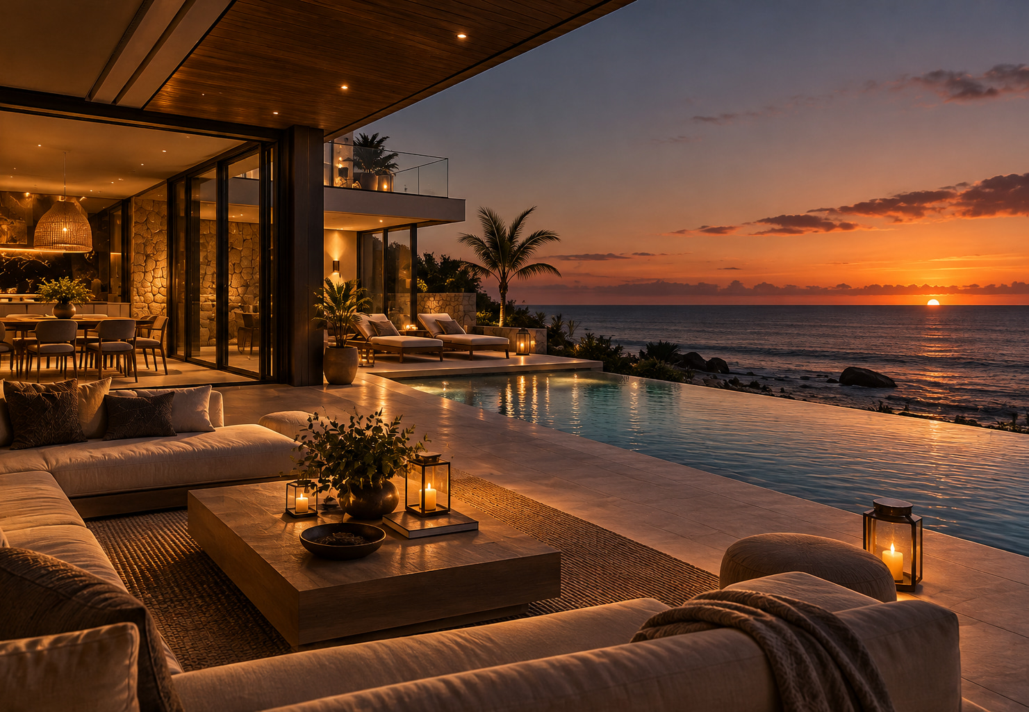Poolterrasse einer hochwertigen Strandresidenz in Brasilien bei Sonnenuntergang direkt am Meer.