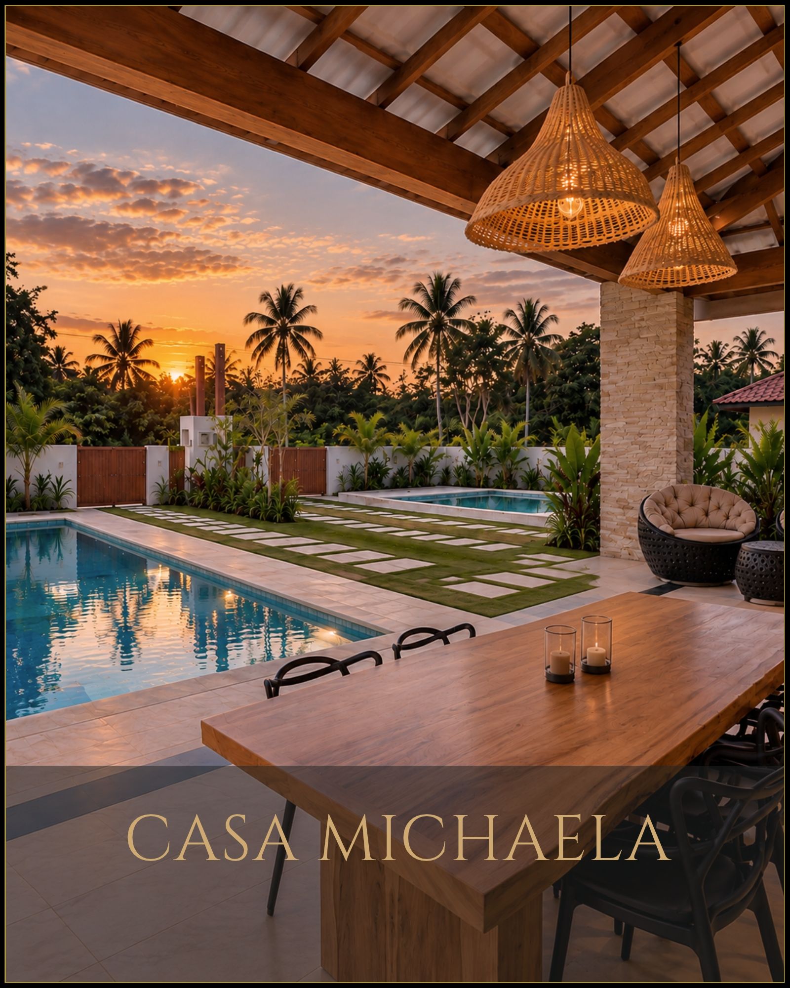 Casa Michaela – vacation property for sale in Guaratiba, Bahia, Brazil, with a covered timber terrace, lounge, dining area and barbecue.