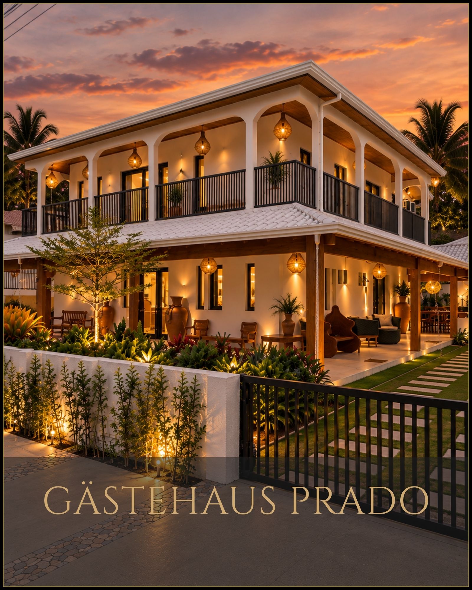 High-end guesthouse offered as an investment property for sale in Prado, Bahia, with a wraparound balcony, tropical garden and spacious outdoor kitchen.