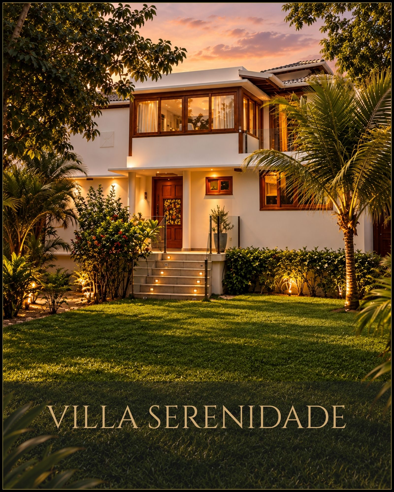 Villa Serenidade – exklusive Küstenresidenz zum Verkauf in Santo André, Bahia, mit beleuchtetem Eingang, großen Fensterfronten und tropischem Garten.