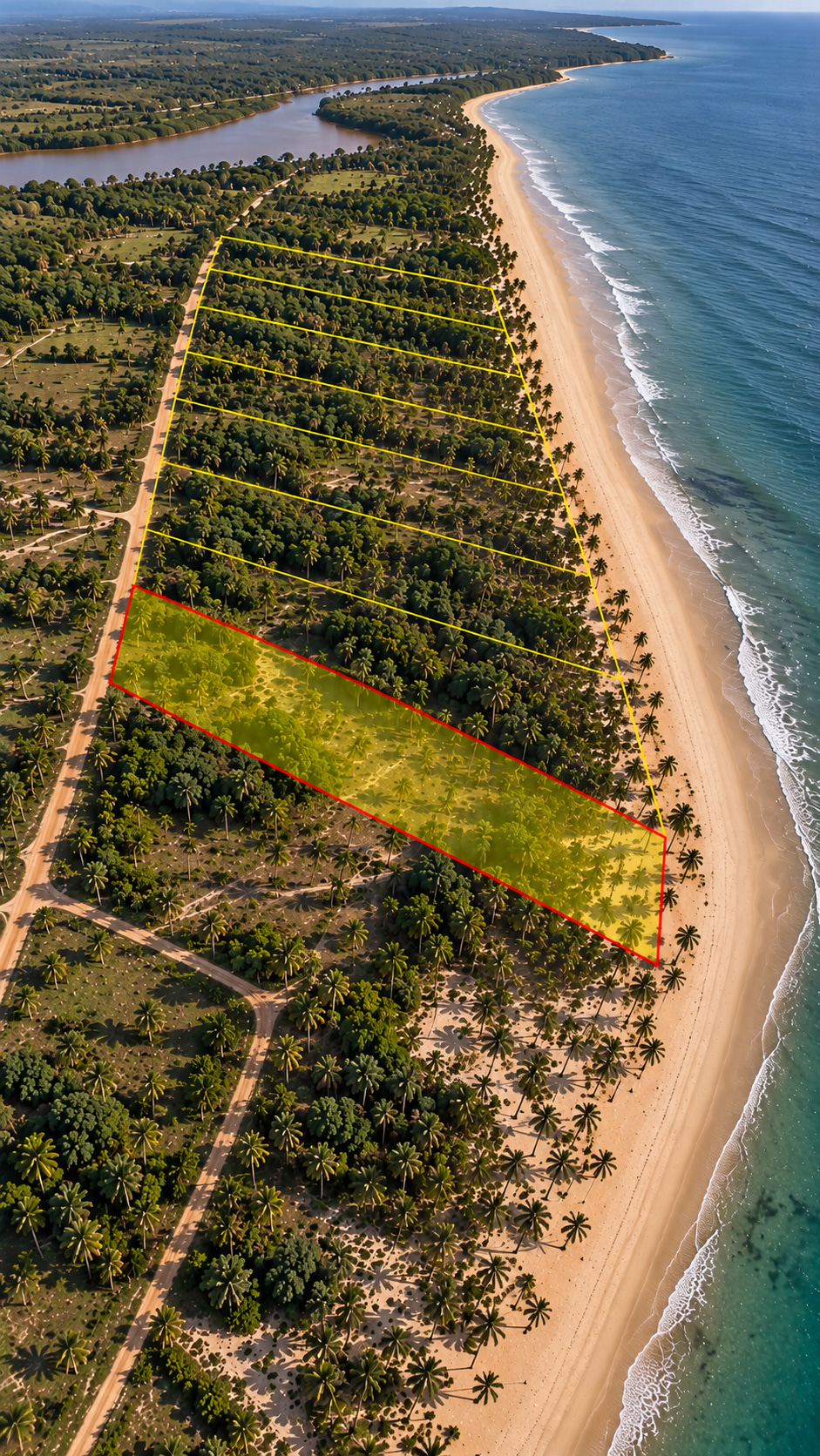 Großzügige Strandgrundstücke und Entwicklungsflächen an Brasiliens Küste mit Meerblick und tropischer Palmenlandschaft.