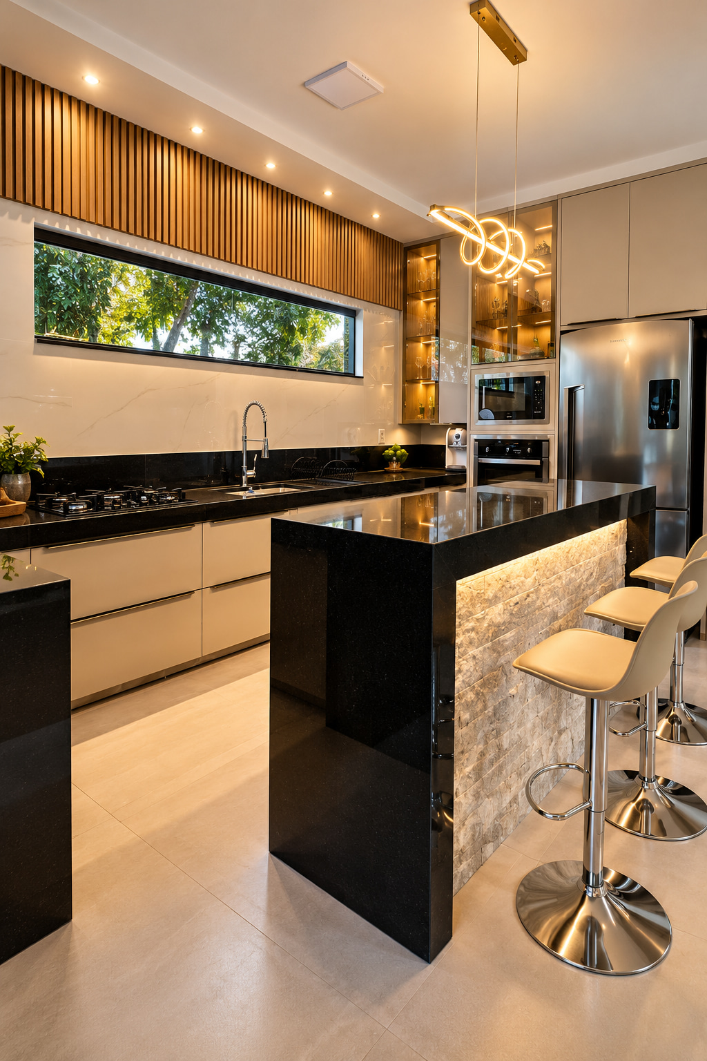 Moderne Designküche einer hochwertigen Ferienresidenz am Meer mit schwarzer Kücheninsel, Barhockern und edlen Holzdetails.