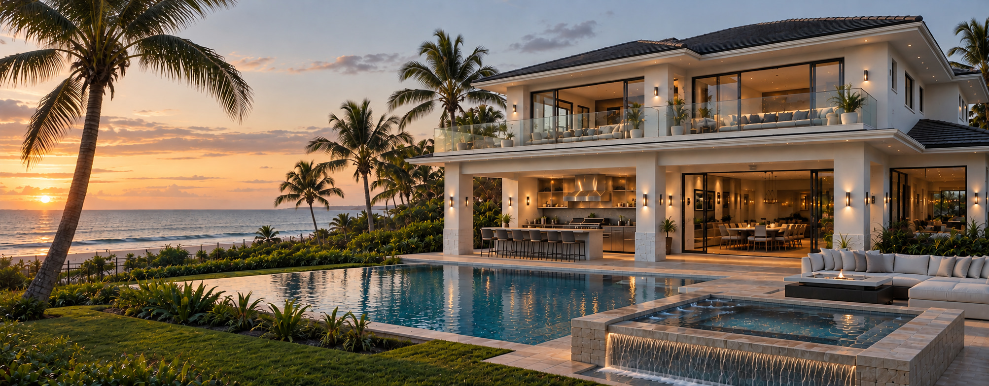 Exklusives Ferienhaus am Strand in moderner Neubauarchitektur mit Pool, Whirlpool, Outdoorküche und weitläufiger Terrasse bei Abendlicht.