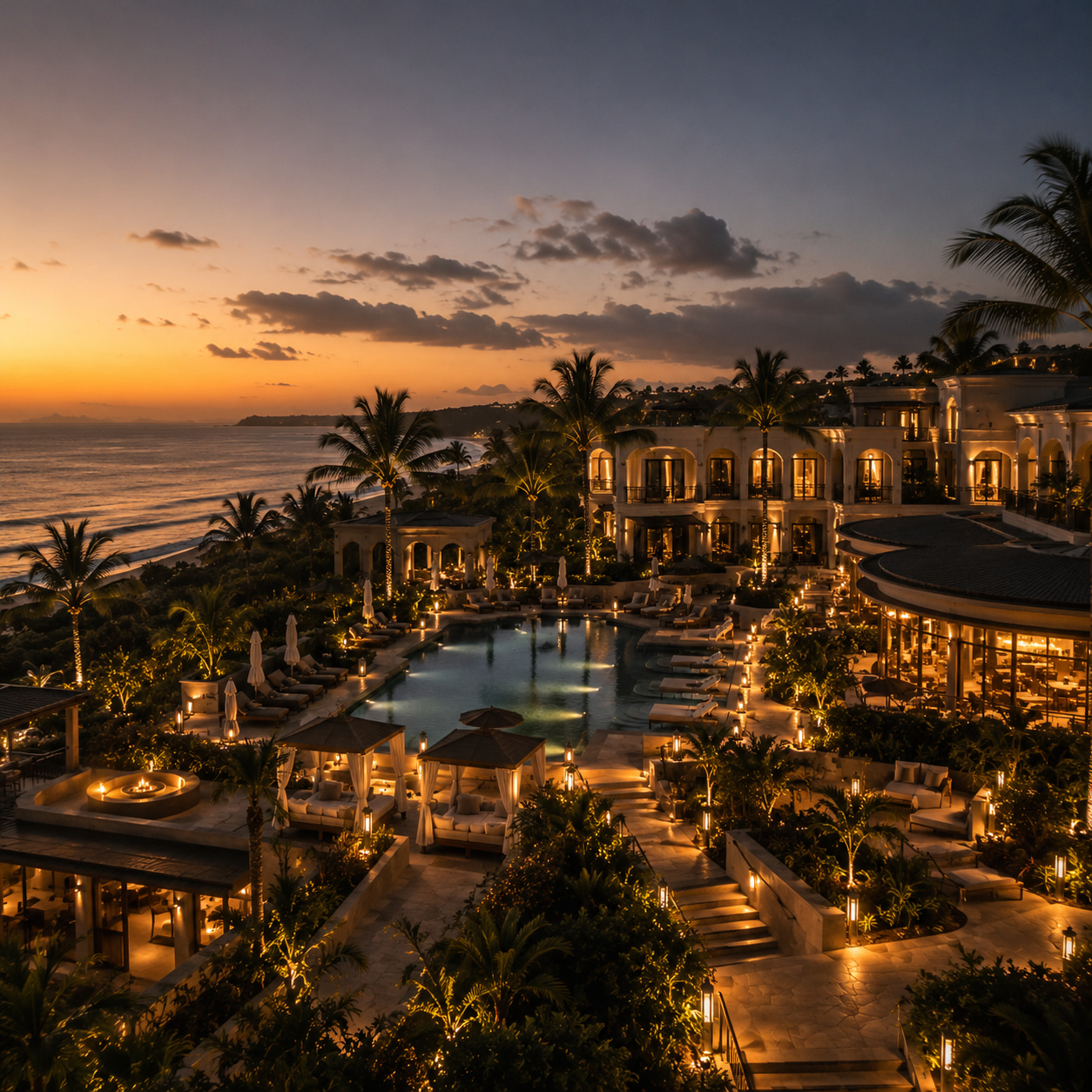 Abendliche Resortanlage mit beleuchteter Architektur, Poollandschaft und Palmen