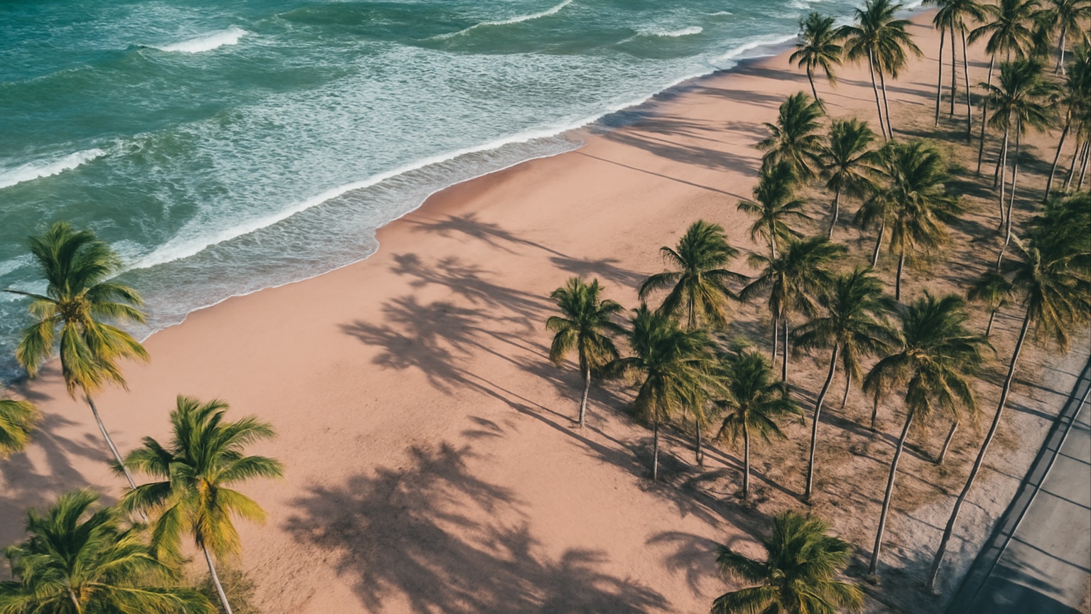 Luftaufnahme eines naturbelassenen Palmenstrands an der Atlantikküste Süd-Bahias.