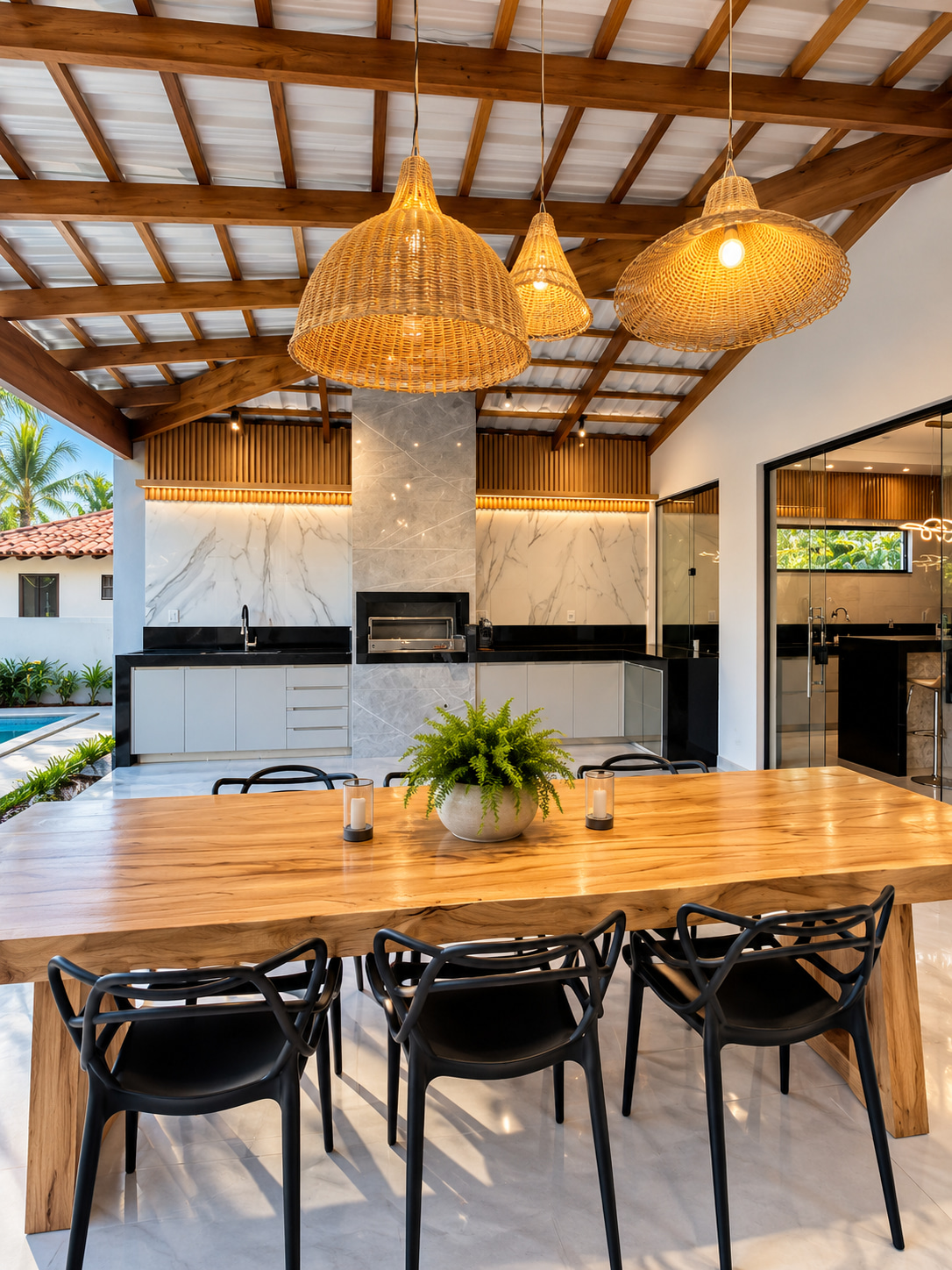 Großzügiger, überdachter Essbereich des modernen Ferienhauses mit Massivholztisch, geflochtenen Pendelleuchten und hochwertiger Außenküche mit Grill.