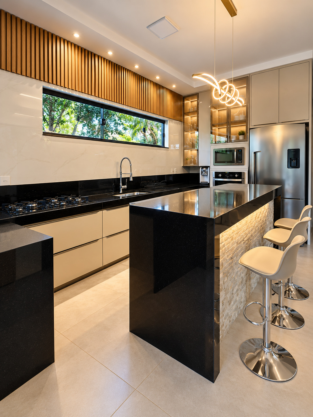 Moderne Küche eines modernen Ferienhauses mit schwarzer Natursteininsel, Frühstückstheke, hochwertigen Einbaugeräten und warmen Holzakzenten.