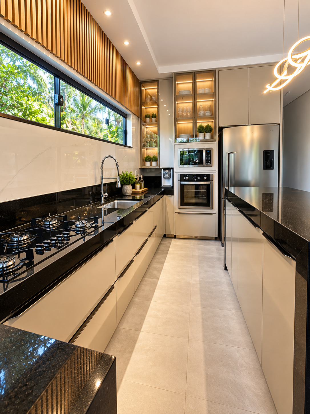 Hochwertige Designküche mit schwarzen Steinarbeitsplatten, beleuchteten Glasvitrinen, modernen Einbaugeräten und Panoramafenster zum tropischen Garten.