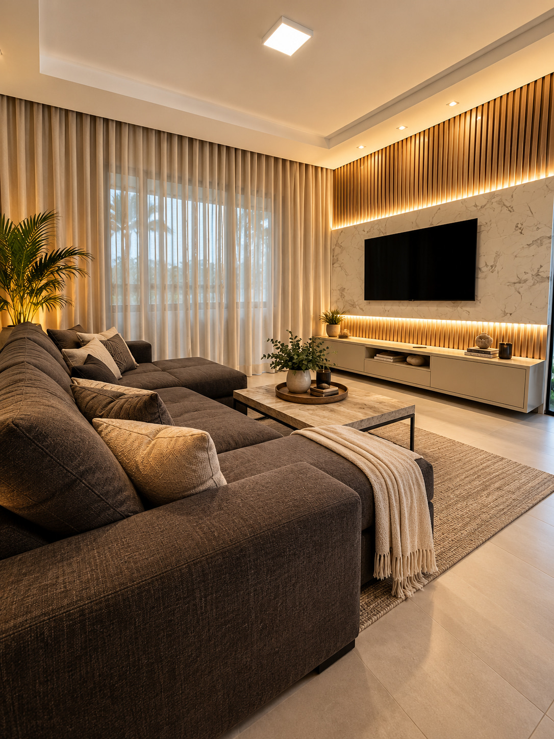 Stilvoller Wohnbereich einer modernen Ferienimmobilie mit großzügigem Ecksofa, eleganter TV-Wand, Holzlamellen und indirekter Beleuchtung.