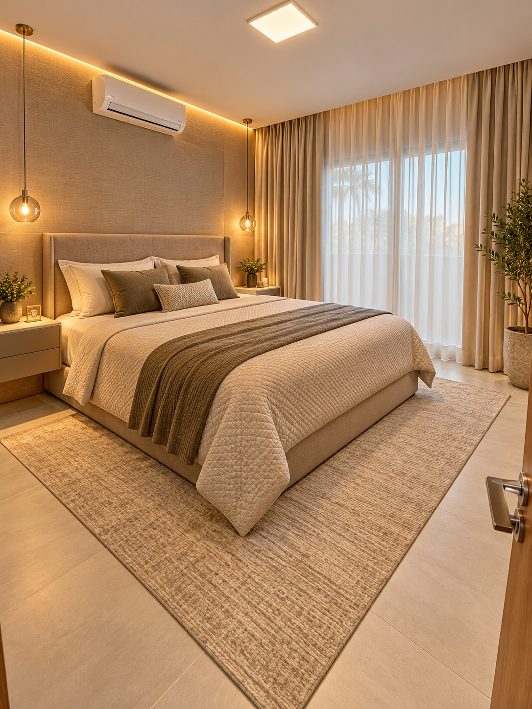 Elegantes Schlafzimmer im modernen Ferienhaus mit gepolstertem Doppelbett, harmonischen Naturtönen, stilvollen Pendelleuchten und indirekter Beleuchtung.