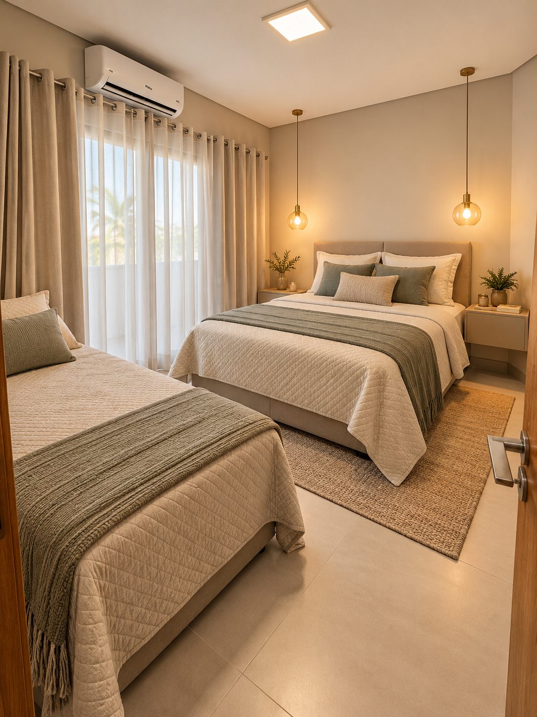 Stilvolles Gästezimmer im modernen Ferienhaus mit Doppelbett, zusätzlichem Einzelbett, Klimaanlage, eleganten Naturtönen und warmen Pendelleuchten.