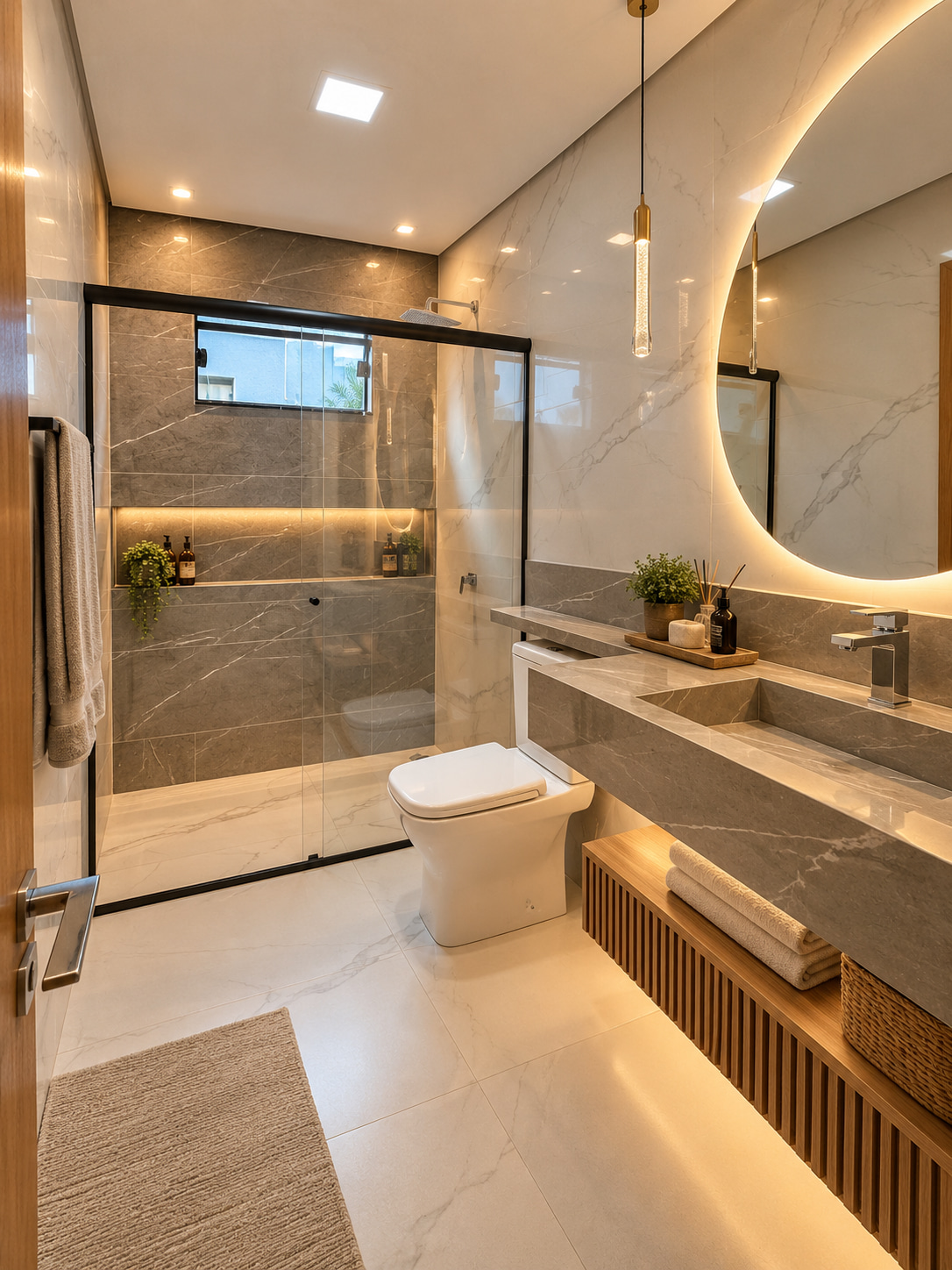 Elegantes Badezimmer einer modernen Ferienimmobilie mit großem, beleuchtetem Schminkspiegel, großzügiger Glasdusche und Waschtisch in Marmoroptik.