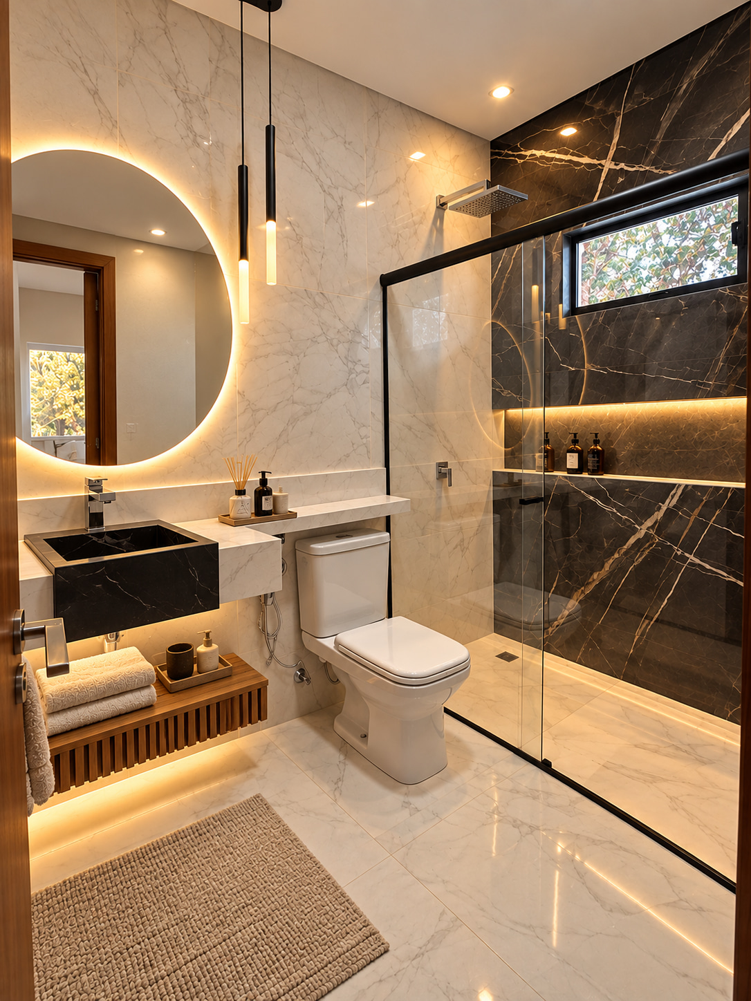 Elegantes Badezimmer mit begehbarer Glasdusche, schwarzem Waschbecken, rundem Lichtspiegel und Fliesen in Marmoroptik im modernen Ferienhaus.