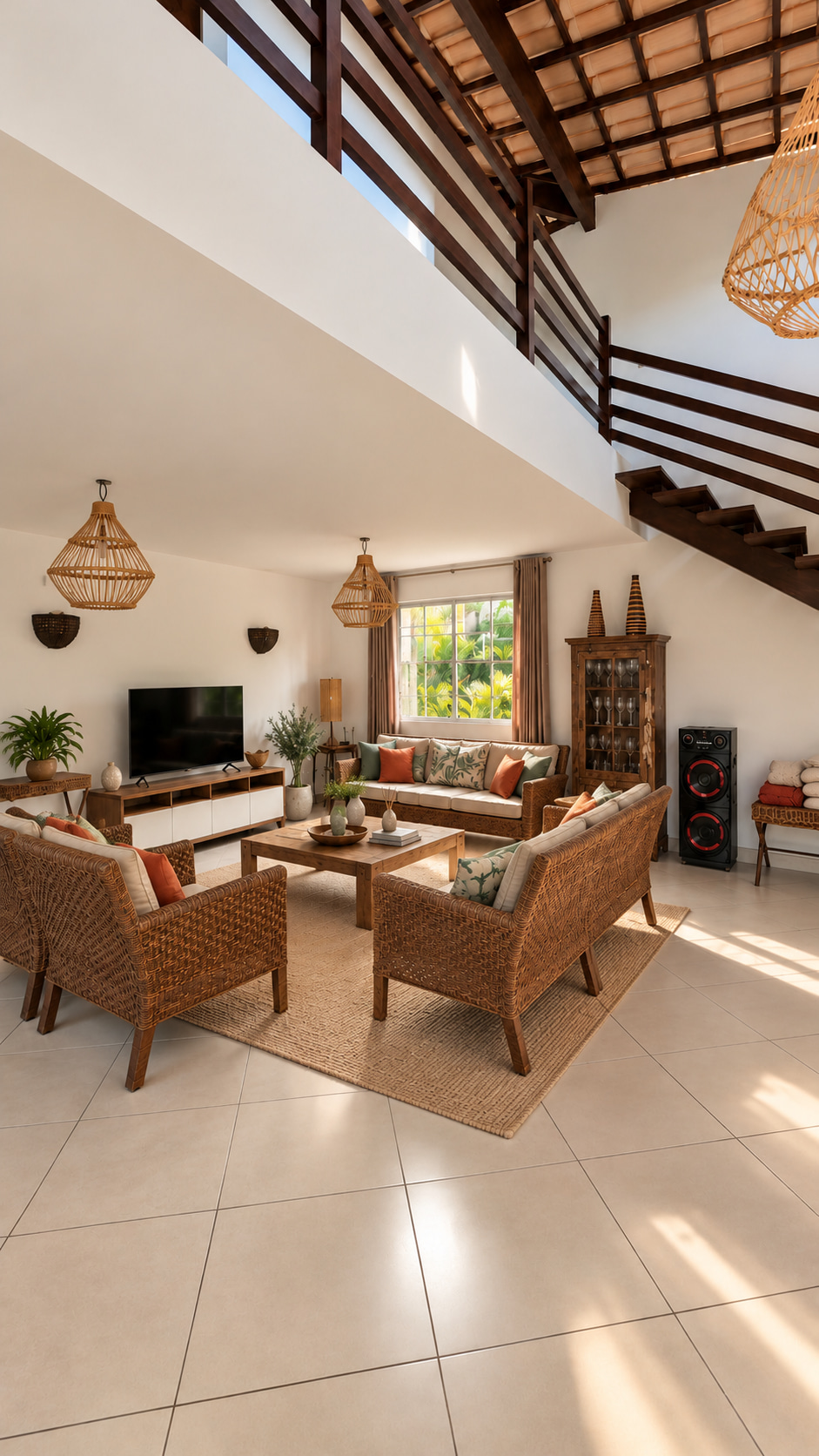 Bright, spacious living area of an exclusive vacation villa, featuring a soaring timber-beamed ceiling, open mezzanine, elegant rattan furniture and a wooden staircase.