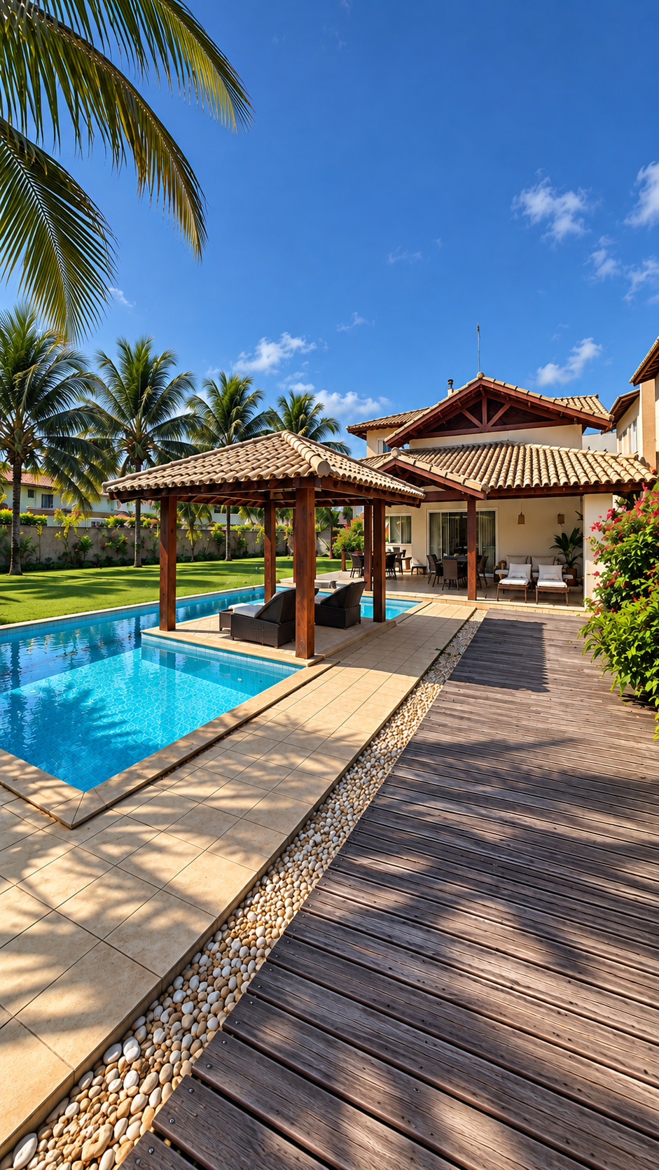 Spacious pool area at Villa Smeralda in Guarajuba, Bahia, featuring a covered lounge pavilion, wooden deck and beautifully landscaped tropical gardens.