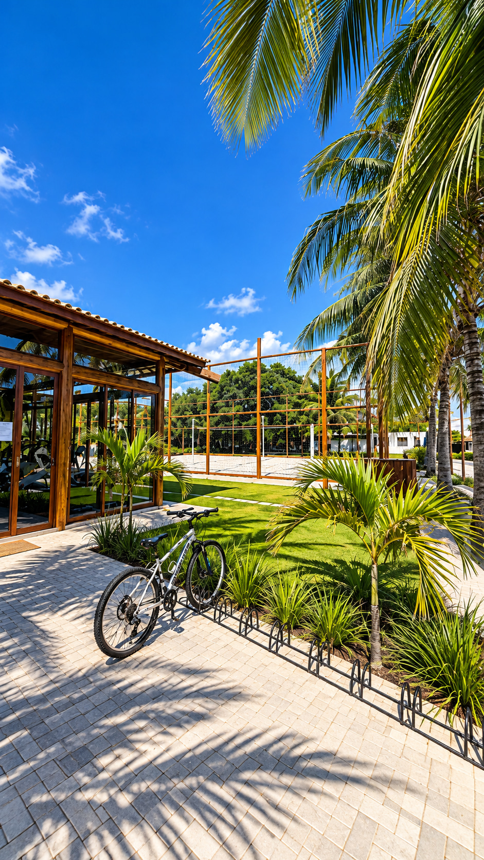 Beach volleyball court in the landscaped residential complex of Villa Smeralda, surrounded by tropical palms and an adjoining fitness area.