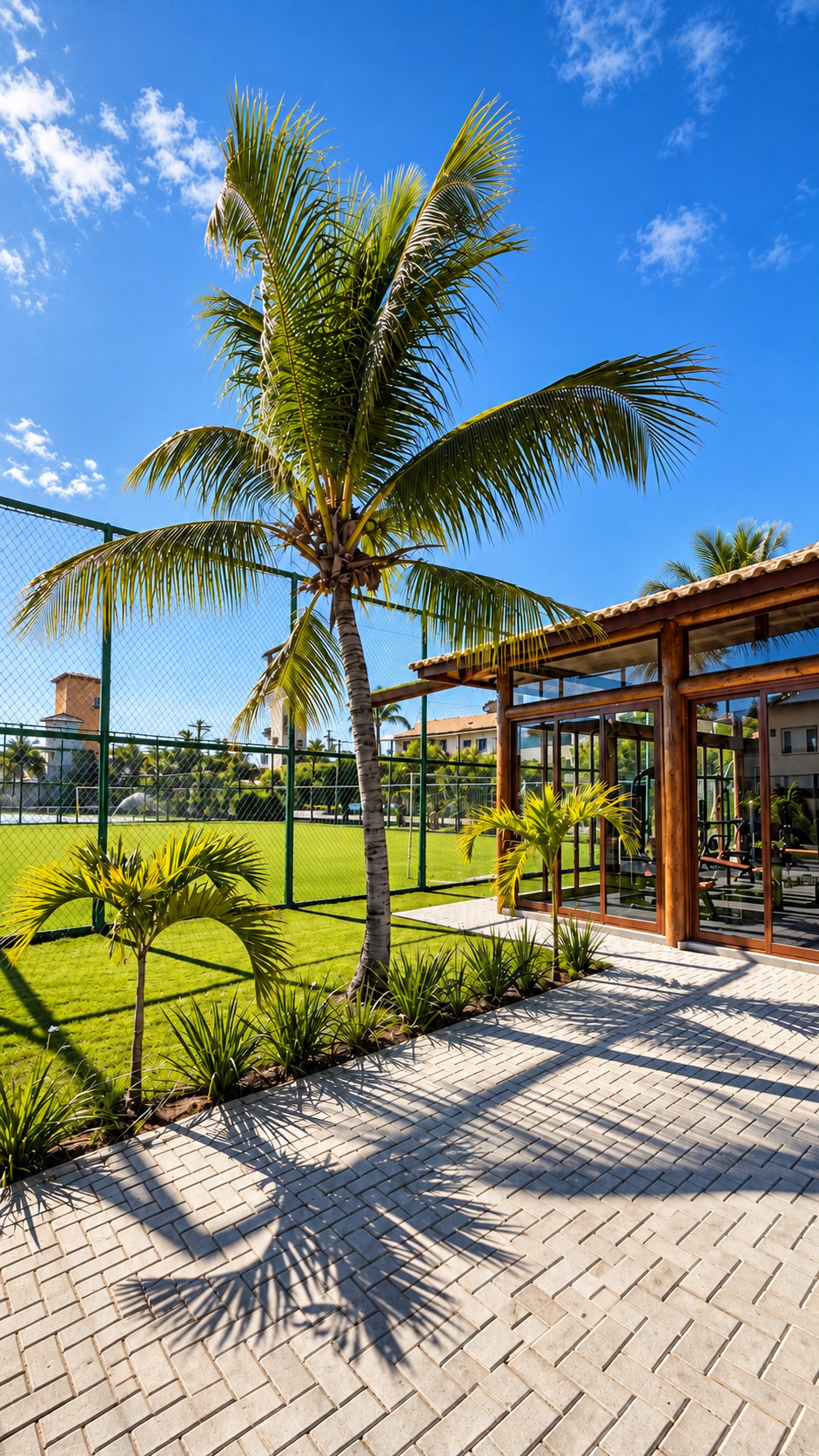 Immaculately maintained soccer field within an exclusive residential community, bordered by tropical palms and an adjoining fitness studio.