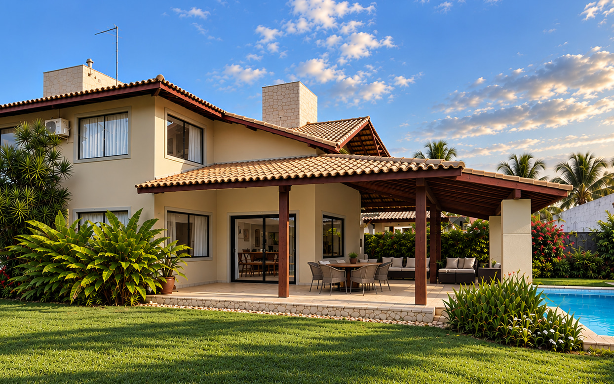 Garden-facing view of the two-story Villa Smeralda, featuring a covered dining and lounge terrace, swimming pool and beautifully landscaped tropical grounds.