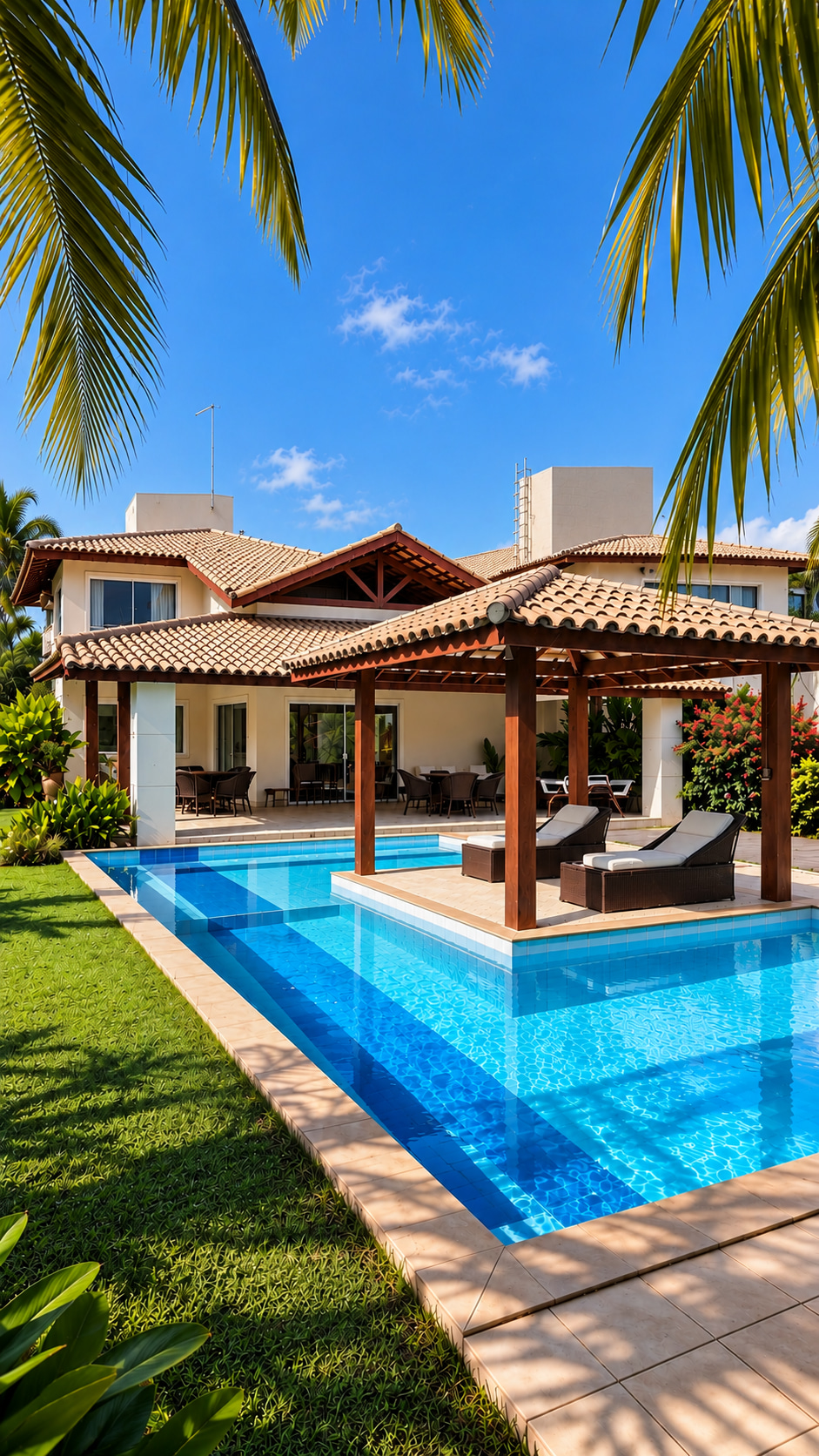 Spacious swimming pool at an exclusive vacation villa, featuring a covered lounge pavilion on a central island terrace surrounded by tropical palms and landscaped gardens.