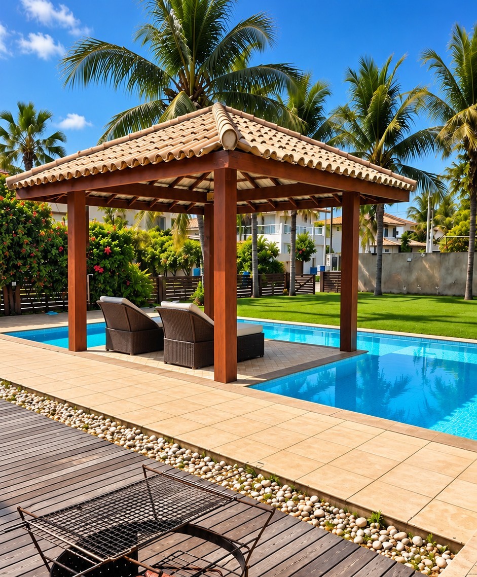 Covered poolside pavilion with two loungers and an adjoining wooden deck with a barbecue area, framed by tropical palms at an exclusive vacation villa.