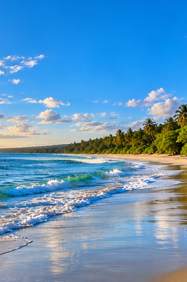 Expansive palm-lined sandy beach along Bahia’s coast, with gentle Atlantic waves and warm sunlight reflecting across the ocean.