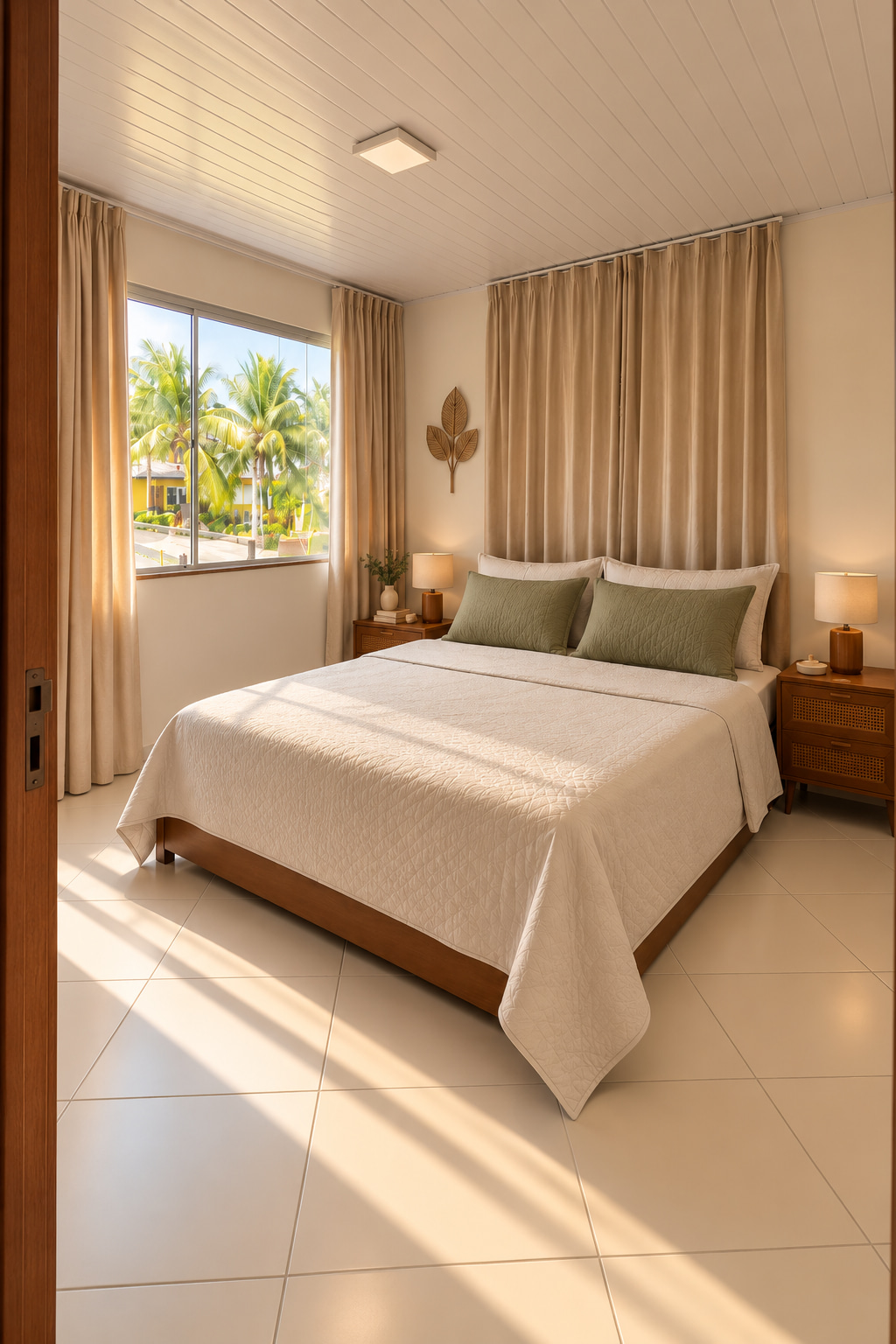 Bright bedroom at Villa Smeralda featuring a spacious double bed, elegant natural tones, wooden furnishings and views of tropical palms.