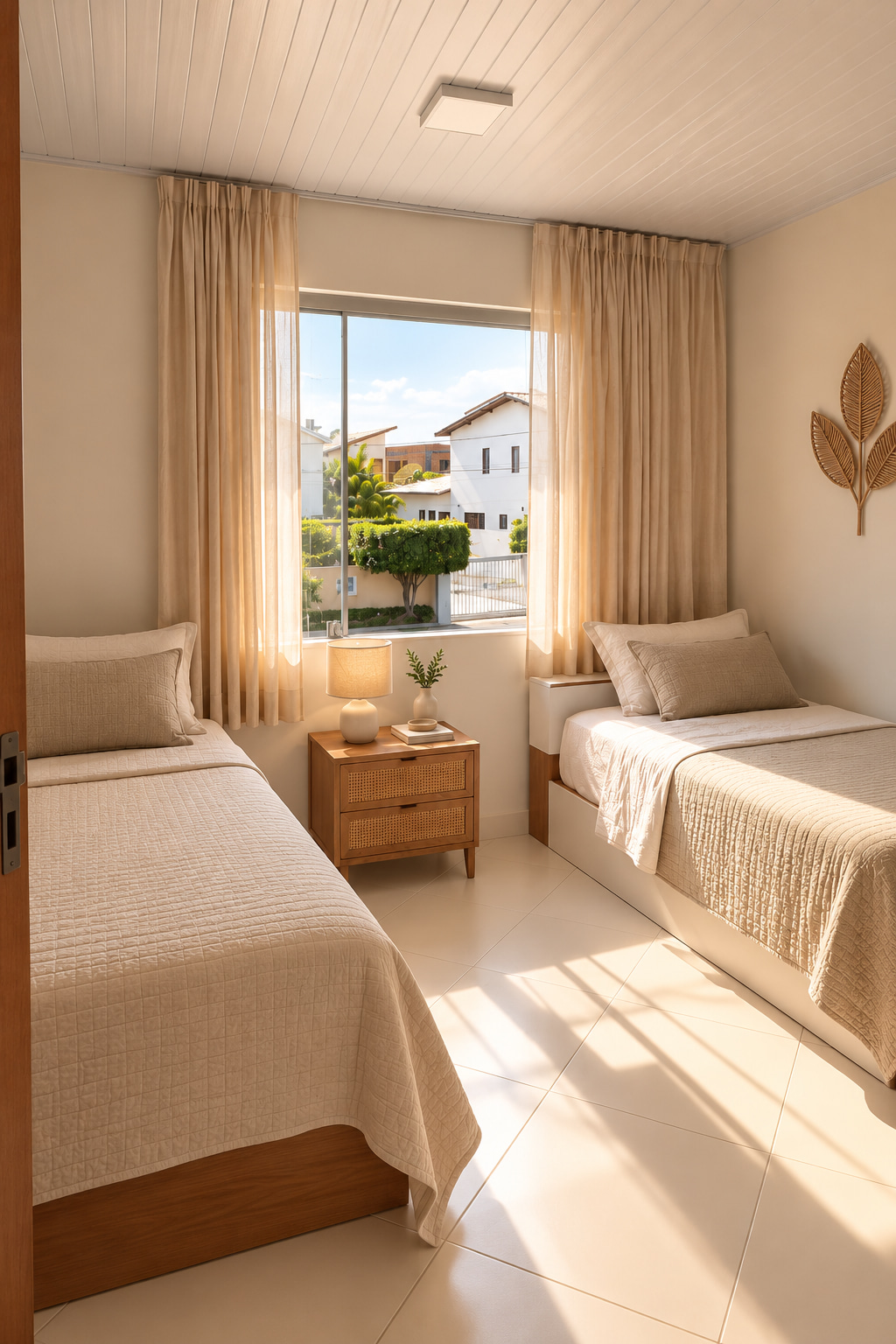 Bright twin bedroom in an exclusive vacation villa, featuring two single beds, refined neutral tones and a large window overlooking the residential grounds.