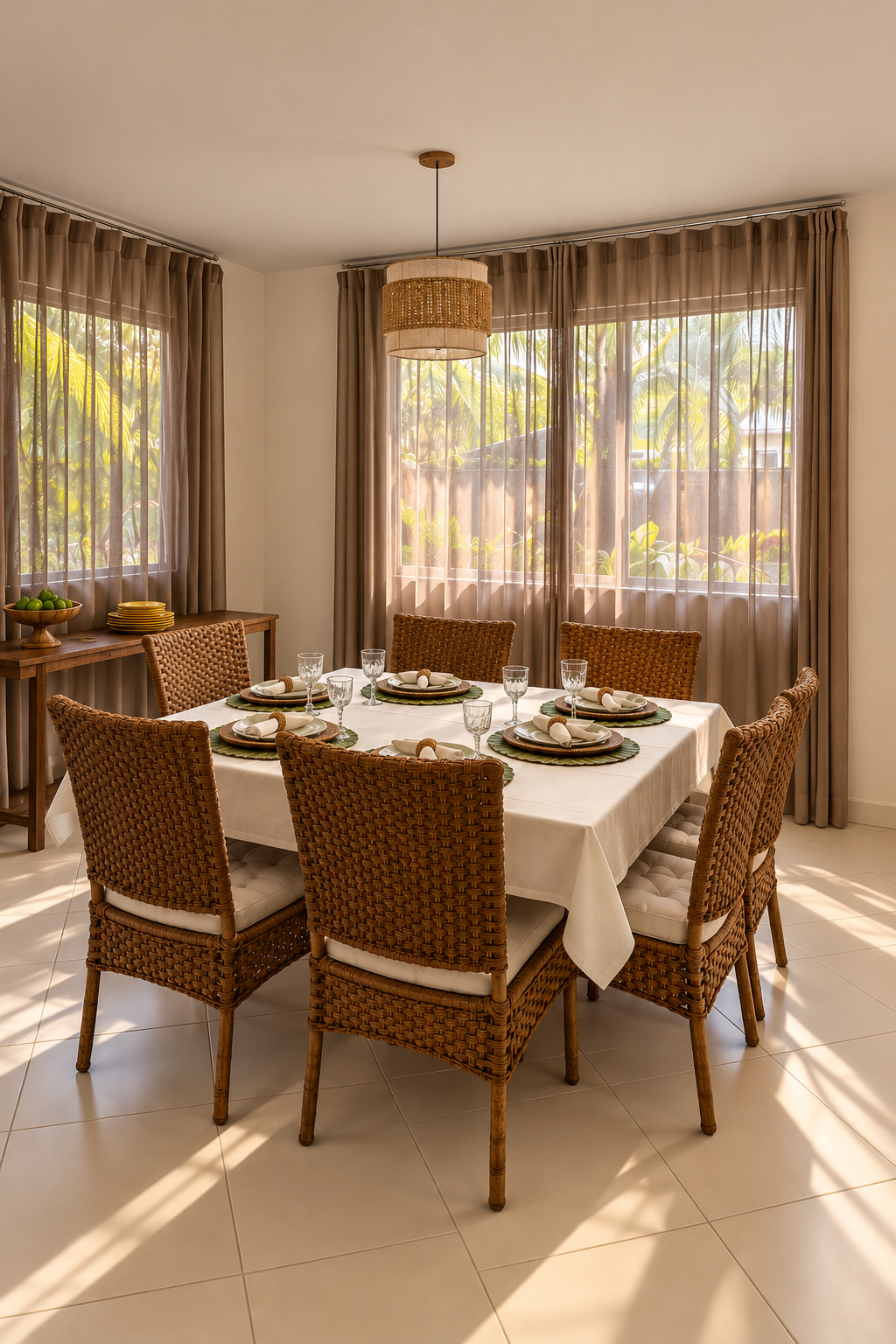 Bright dining room at Villa Smeralda in Guarajuba, featuring a table set for six, elegant rattan chairs and large windows overlooking tropical palms.