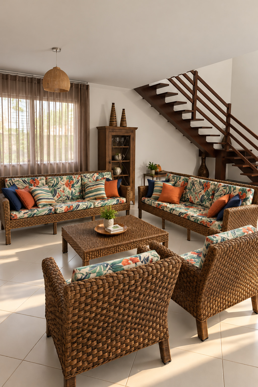 Bright living area of an exclusive vacation villa, featuring elegant rattan furniture, tropical-patterned upholstery and an open wooden staircase.