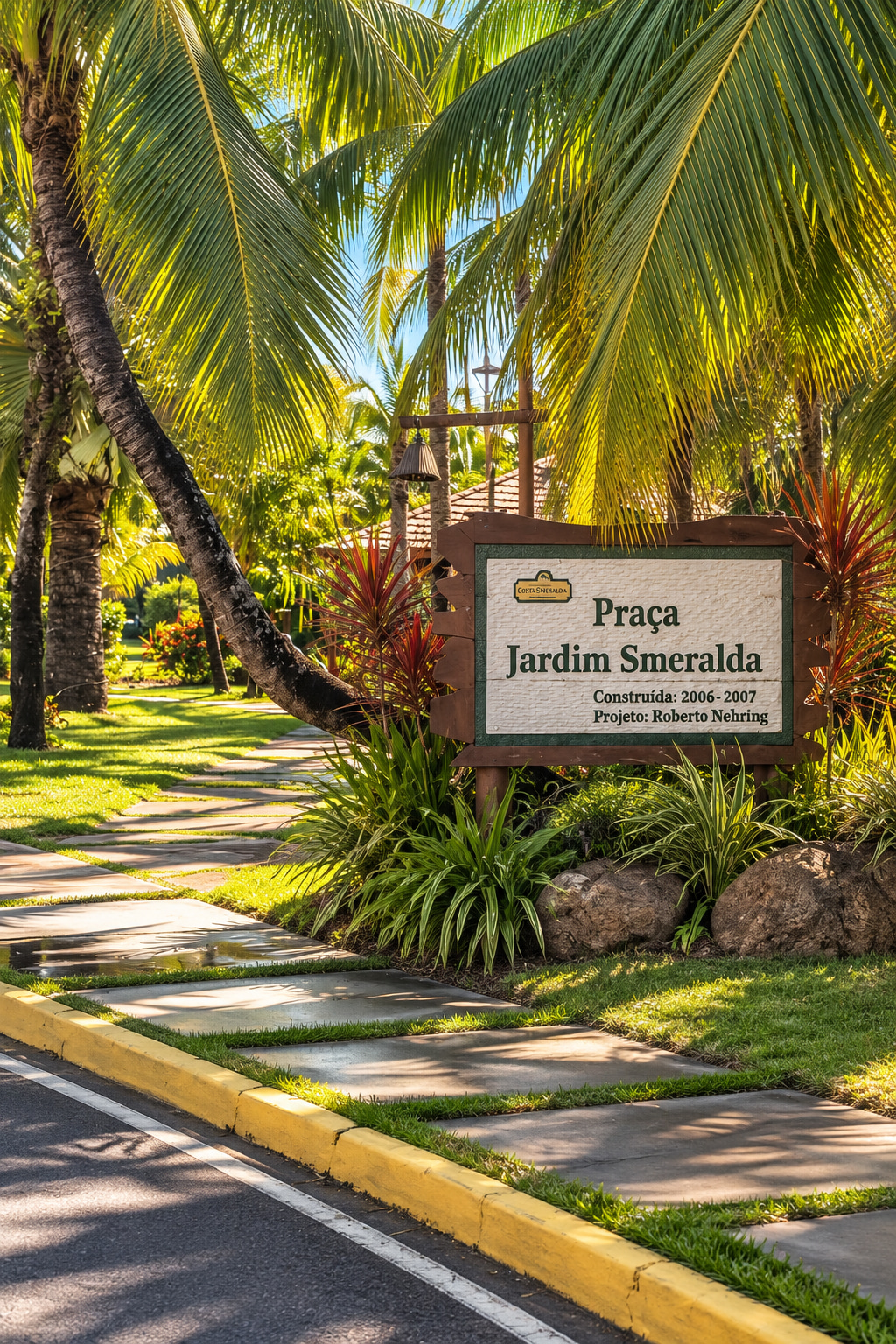 Palm-lined garden path with a sign for Praça Jardim Smeralda in the beautifully landscaped Costa Smeralda residential community in Guarajuba.