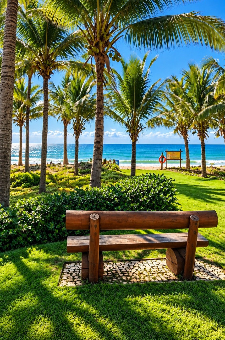 Palm-lined coastal gardens at Costa Smeralda in Guarajuba, featuring a wooden bench, manicured lawns and beautiful views of the Atlantic Ocean.