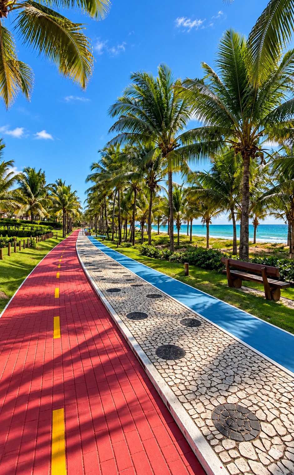 Palm-lined beachfront promenade at Costa Smeralda, featuring landscaped cycling and walking paths, tropical gardens and open views of the Atlantic Ocean.