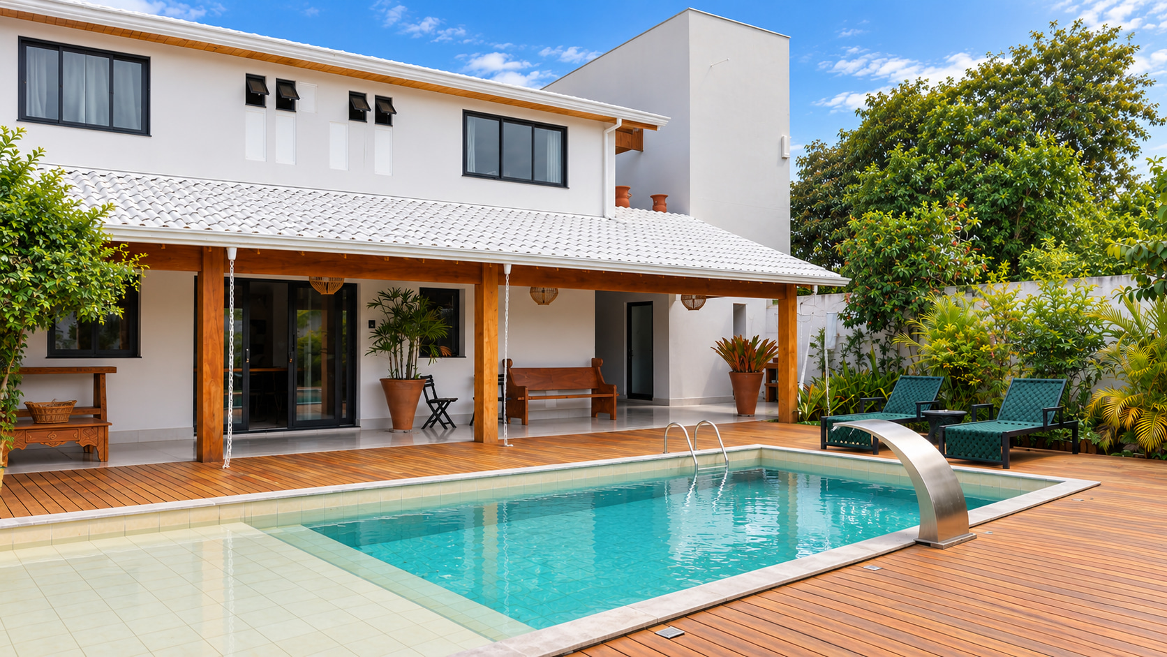 Spacious pool area of a boutique guesthouse featuring an expansive wood deck, stainless steel water feature, lounge chairs, and a covered veranda.