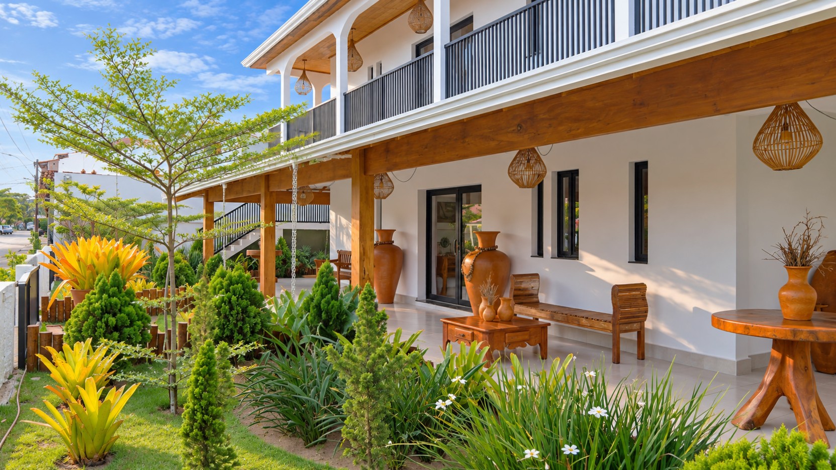 Covered veranda of a hospitality investment property, featuring elegant wooden furnishings, decorative terracotta urns, and lush tropical landscaping.