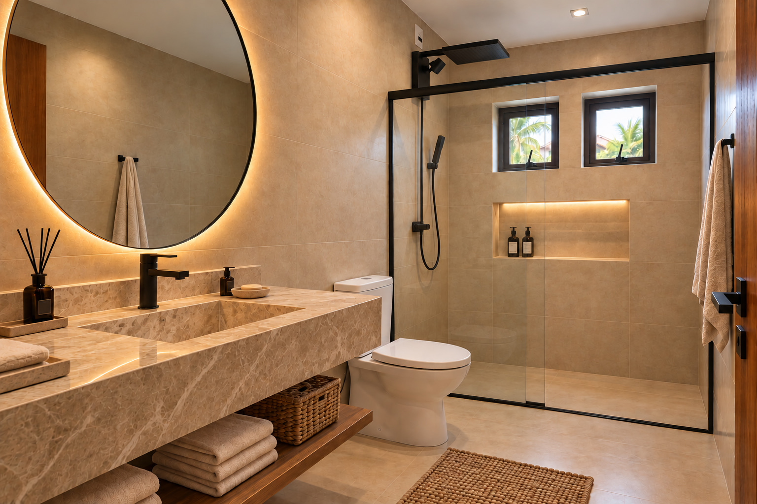 Contemporary guest bathroom at a boutique hospitality property, featuring a spacious glass-enclosed shower, backlit round mirror, and stone-look vanity.