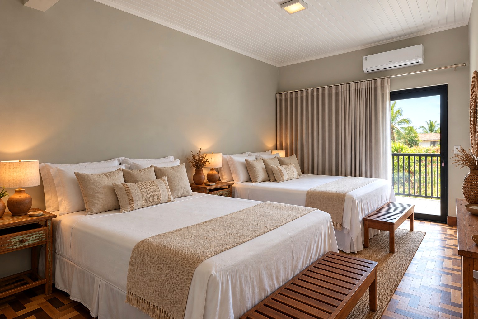 Spacious guest room at a boutique guesthouse, featuring two double beds, air conditioning, elegant wood flooring, and a balcony overlooking tropical palms.