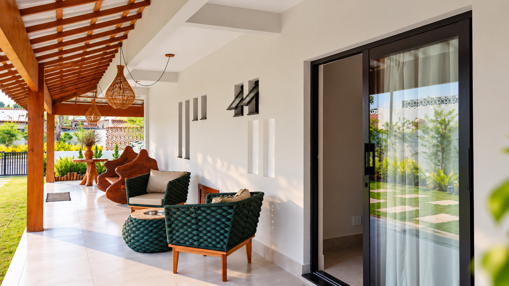 Spacious covered veranda at a boutique guesthouse, featuring elegant woven lounge chairs, sculptural wooden furniture, and decorative pendant lighting.