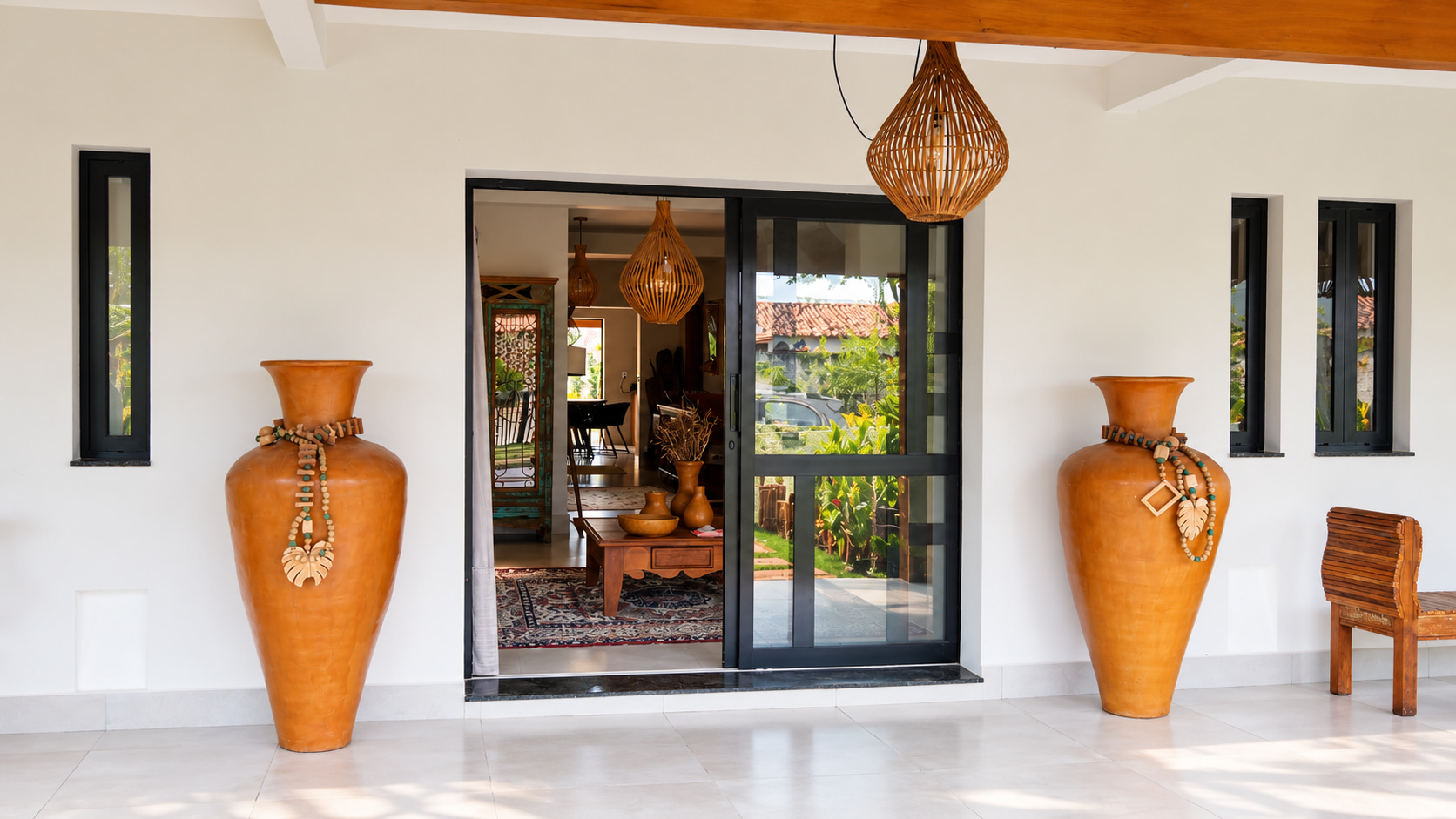 Covered guesthouse veranda featuring expansive sliding glass doors leading to the communal lounge, decorative terracotta urns, and woven pendant lighting.