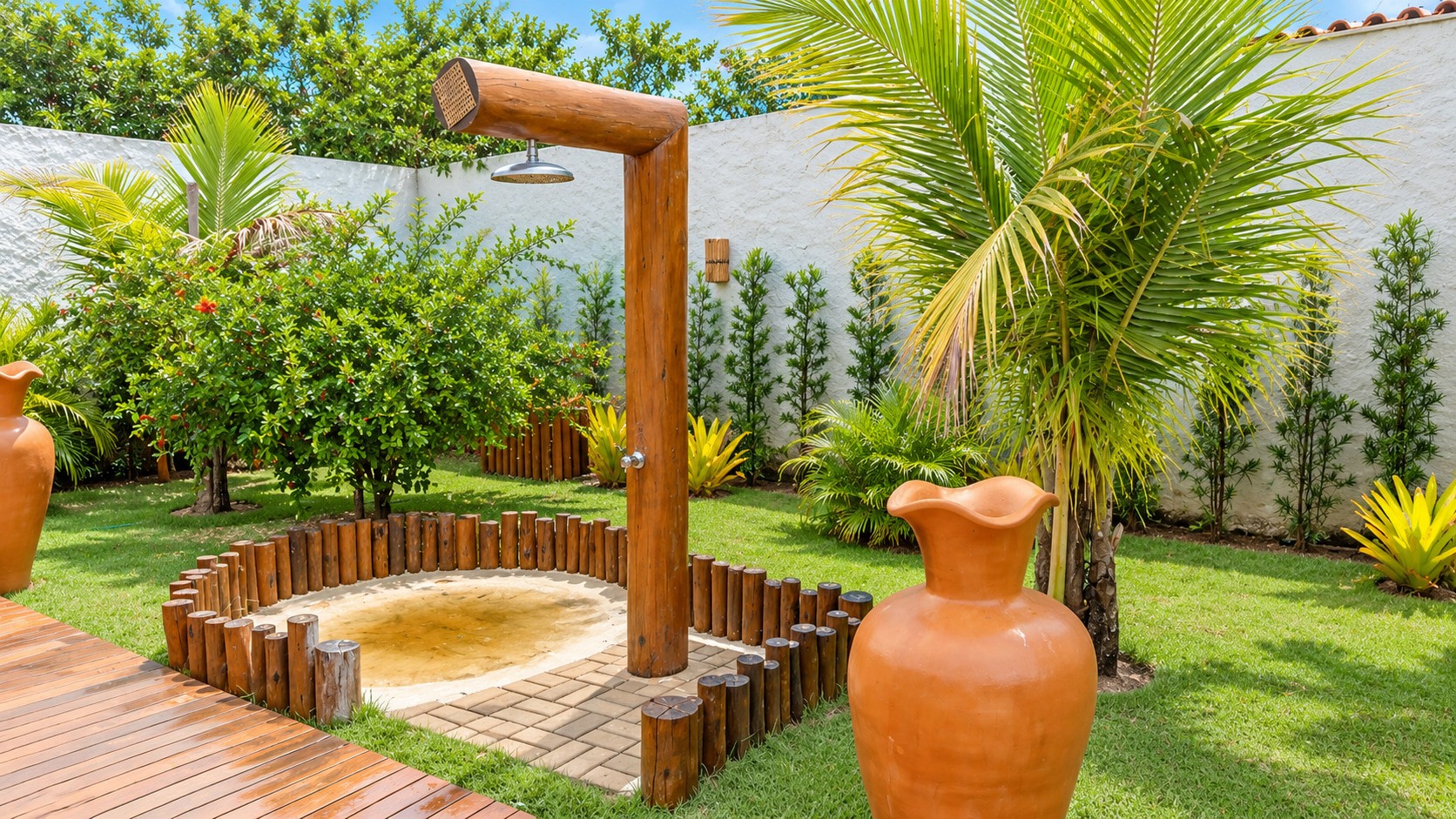 Open-air shower in the tropical garden of a boutique guesthouse, featuring a rainfall showerhead, natural timber framing, and decorative terracotta urns.