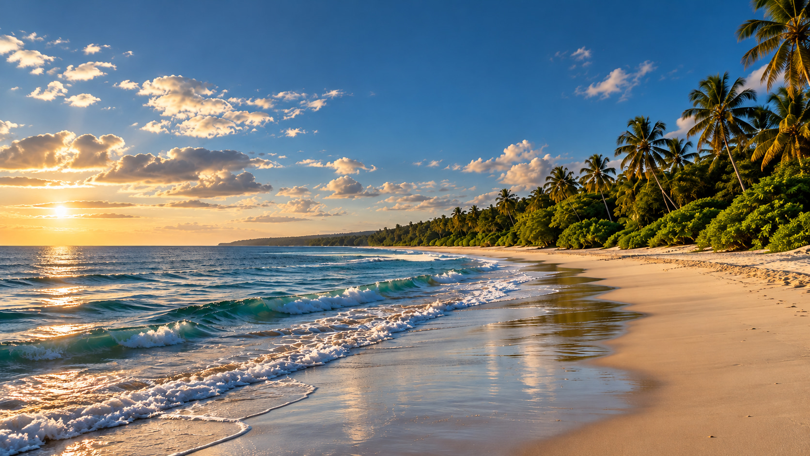 Expansive, palm-lined sandy beach along Brazil’s Atlantic coast, with gentle ocean waves and golden sunlight reflecting across the water.