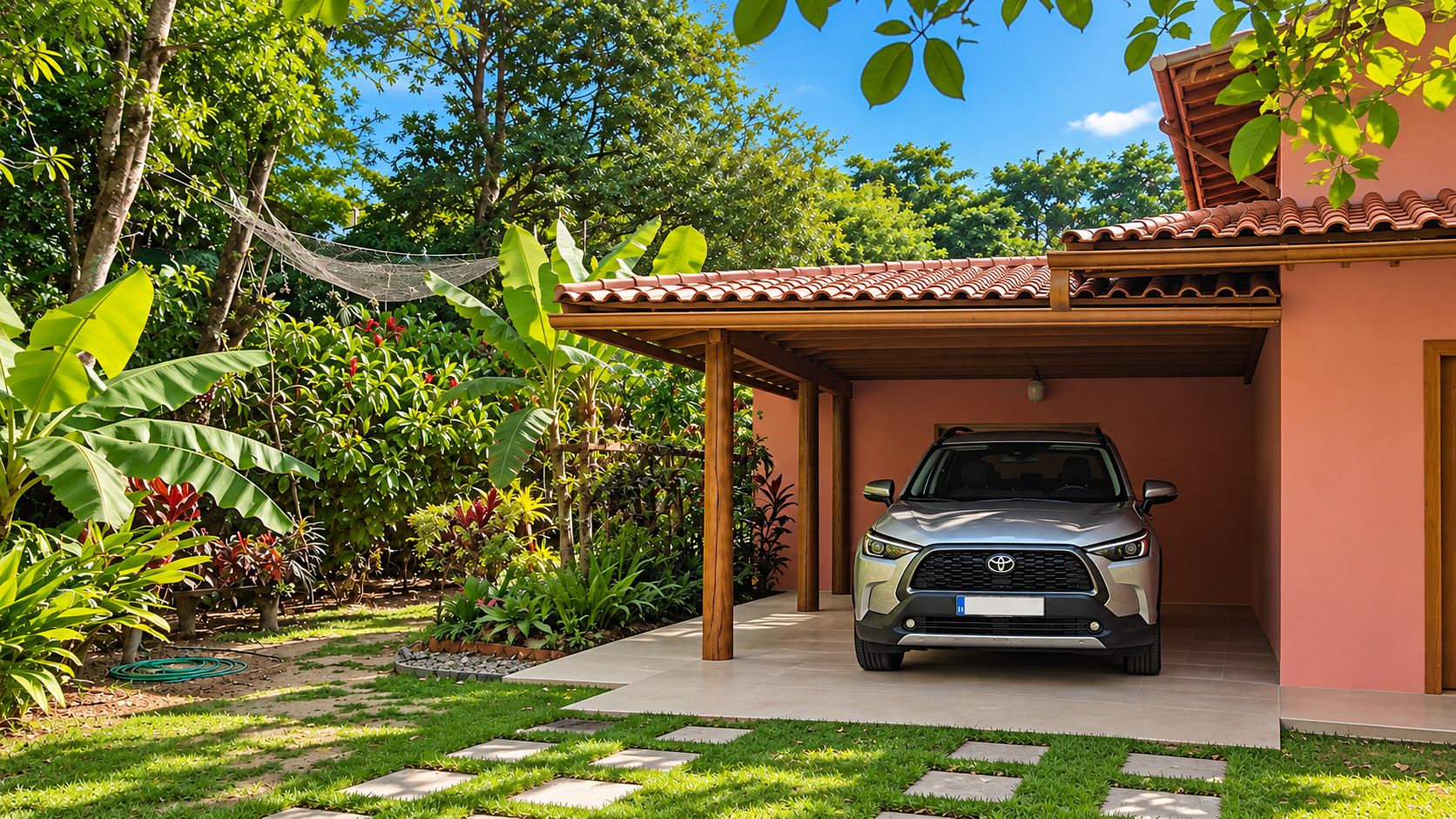 Überdachter Carport mit Ziegeldach und gepflasterter Zufahrt am Ferienhaus, umgeben von gepflegten Grünflächen und tropischer Bepflanzung.