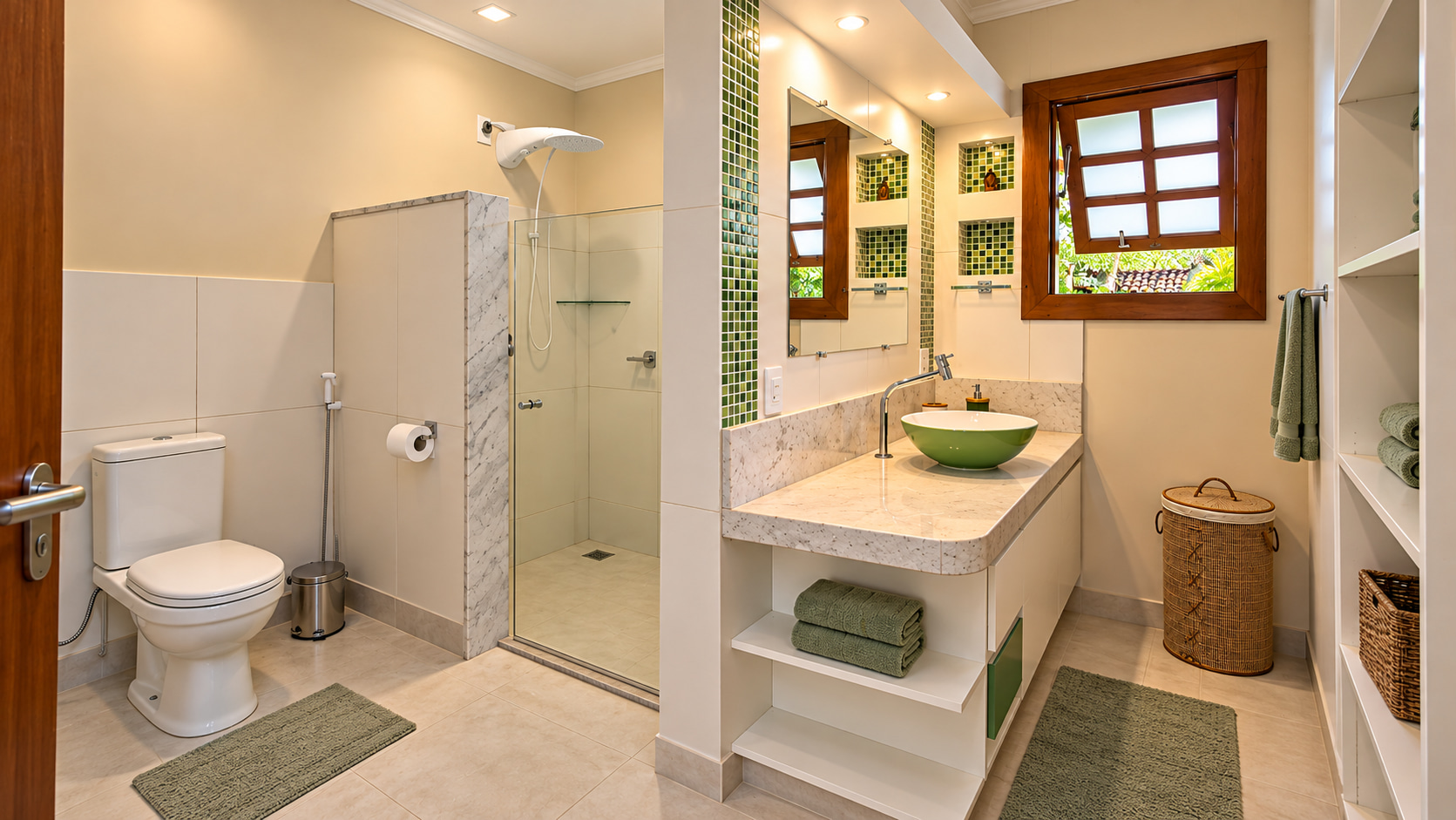 Helles Badezimmer der Auslandsimmobilie mit verglaster Dusche, Natursteinwaschtisch, grünem Aufsatzbecken und dekorativen Mosaikfliesen.