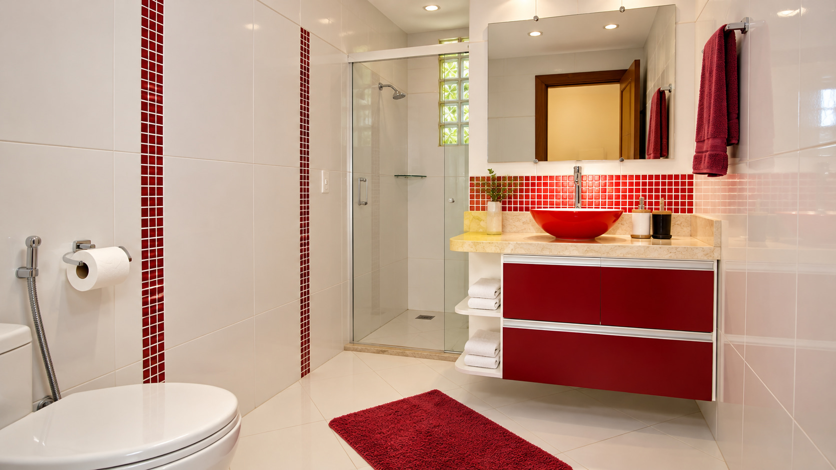 Modernes Badezimmer der Ferienvilla mit verglaster Dusche, rotem Aufsatzwaschbecken, Natursteinwaschtisch und dekorativen Mosaikakzenten.