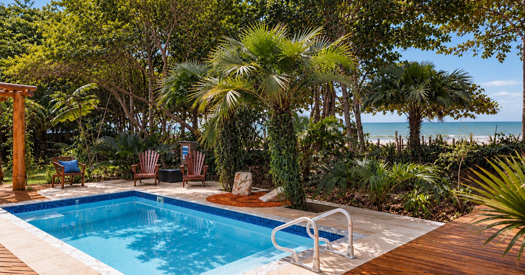 Poolbereich der exklusiven Strandimmobilie direkt am Meer mit Sonnenterrasse, Sitzplätzen unter tropischen Palmen und Blick auf den Atlantik.