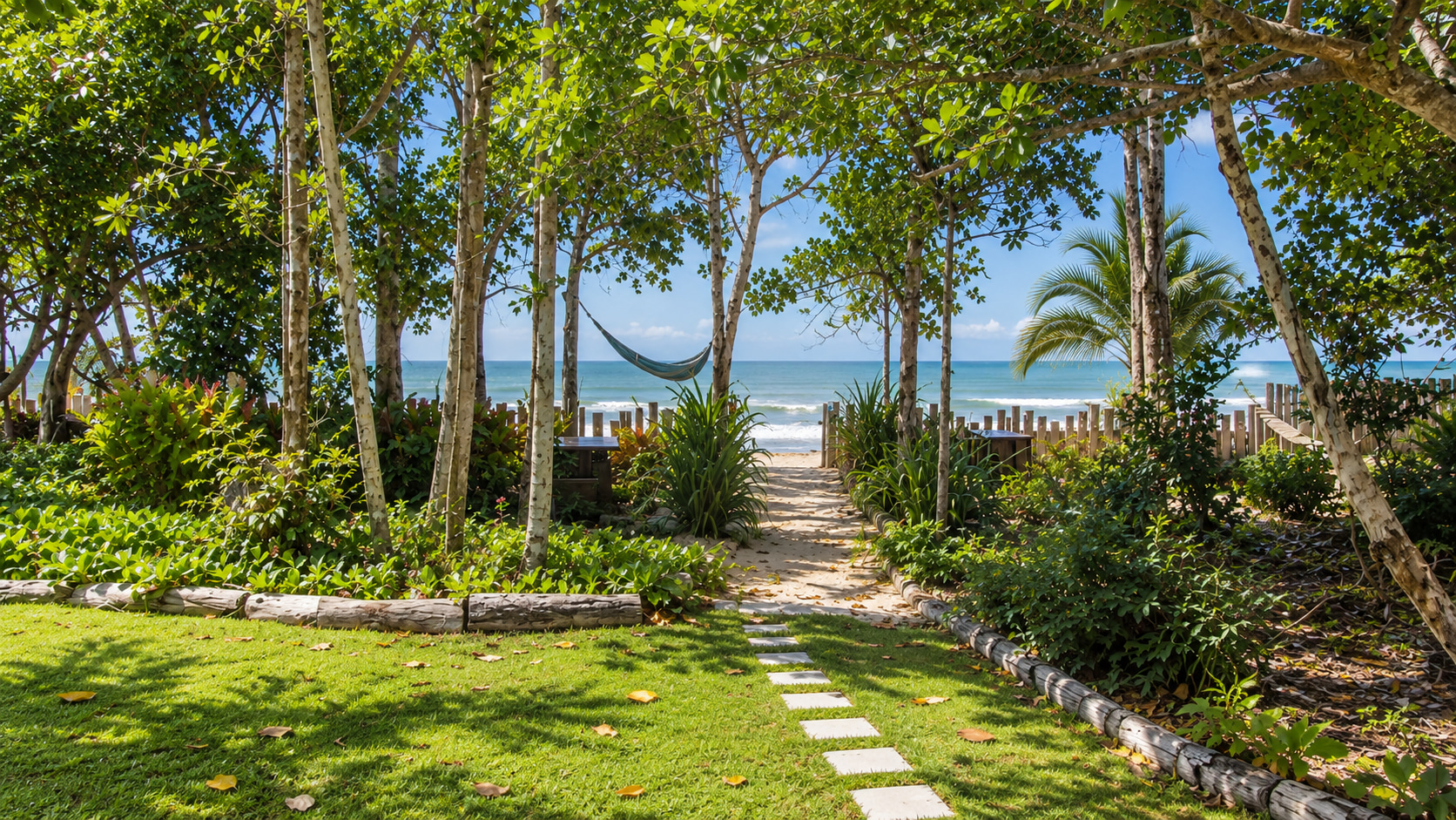 Privater Strandzugang der exklusiven Ferienimmobilie über einen gepflegten Gartenweg, umgeben von tropischen Bäumen, mit Blick auf den Atlantik.