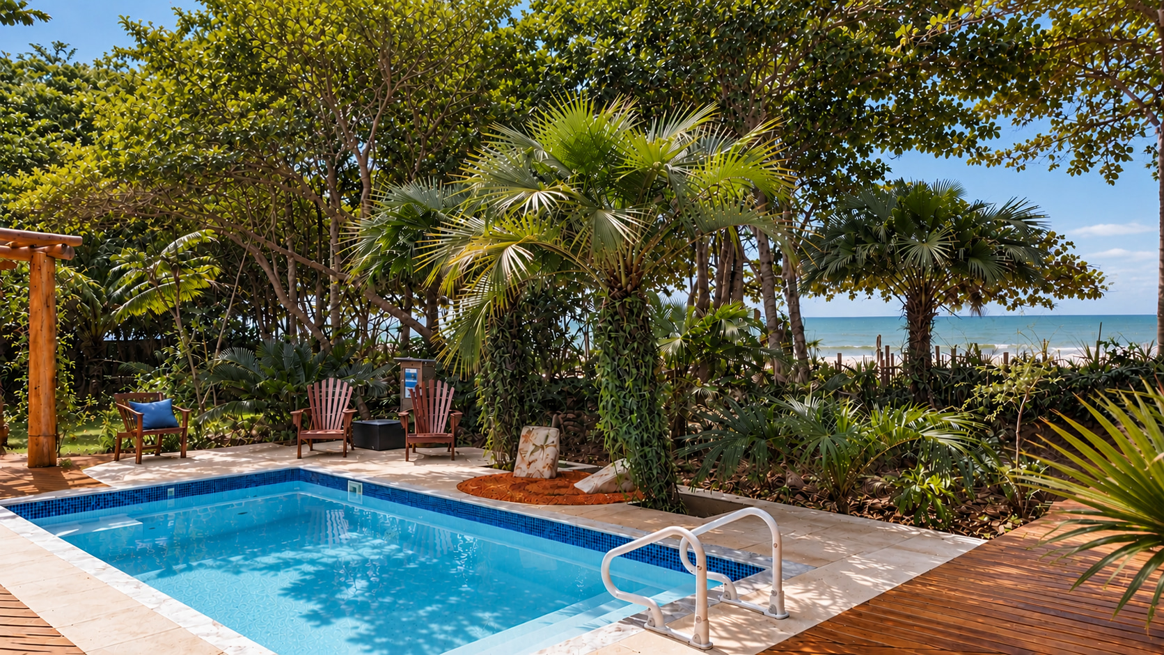Beheizter Außenpool im Garten des zum Verkauf stehenden Strandhauses an der Küste Brasiliens.